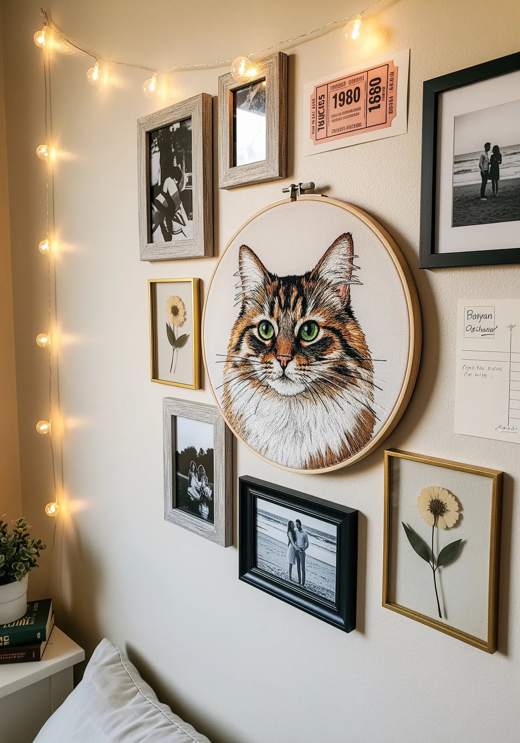 A highly detailed, realistic thread-painted portrait of a tabby cat with green eyes.