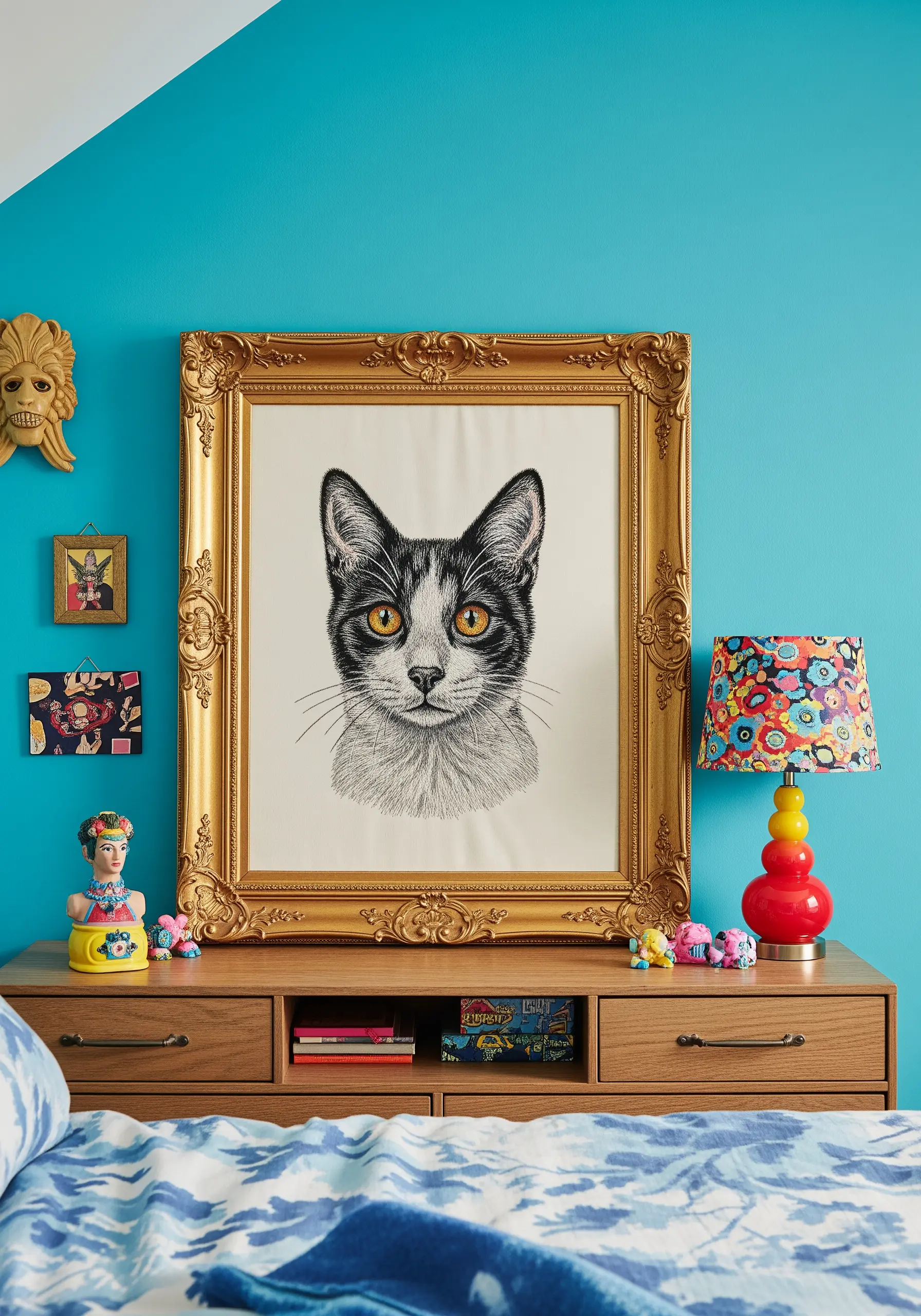 A highly realistic, thread-painted portrait of a black and white cat in an ornate gold frame.