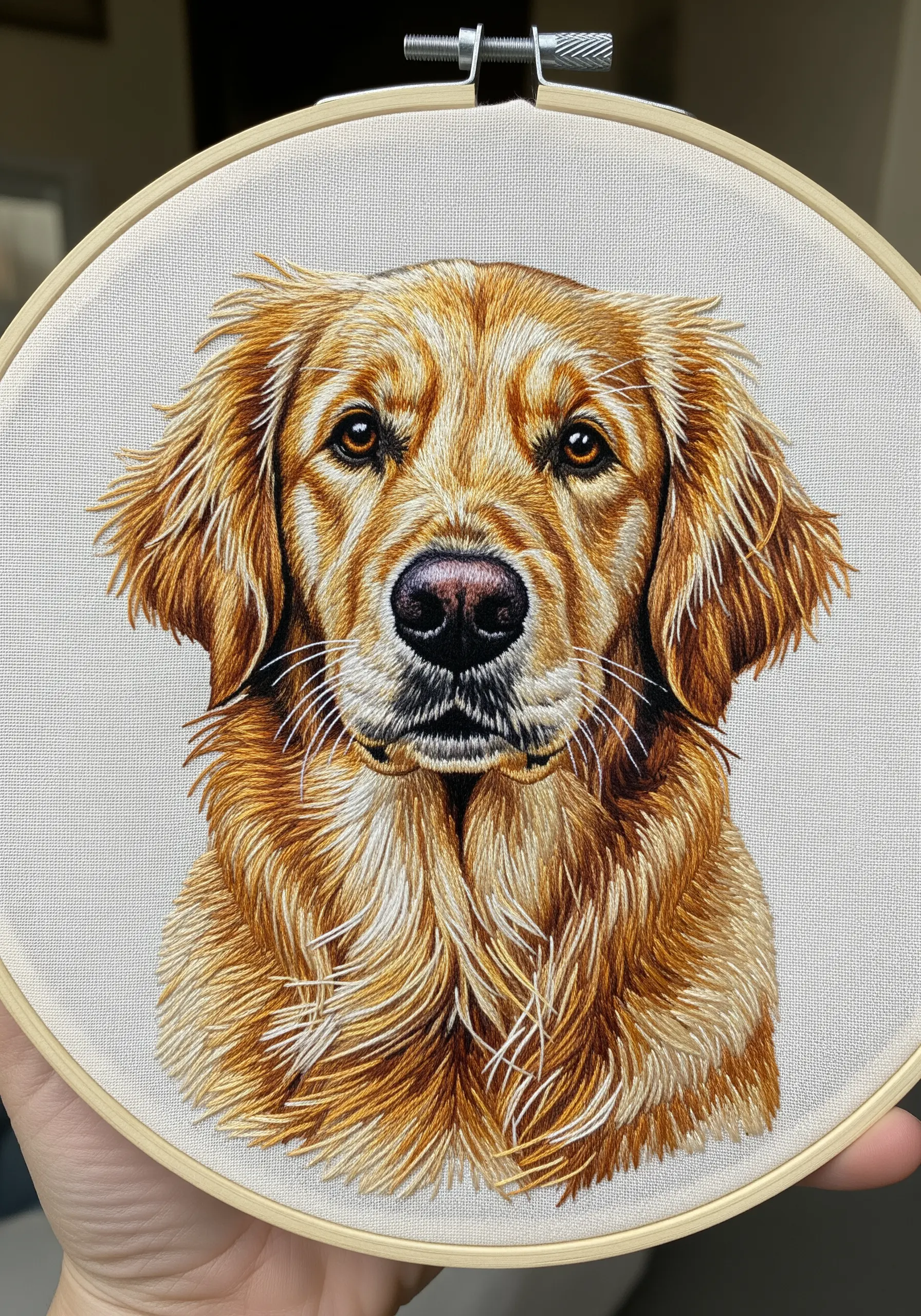A highly detailed, realistic thread-painted embroidery portrait of a golden retriever.