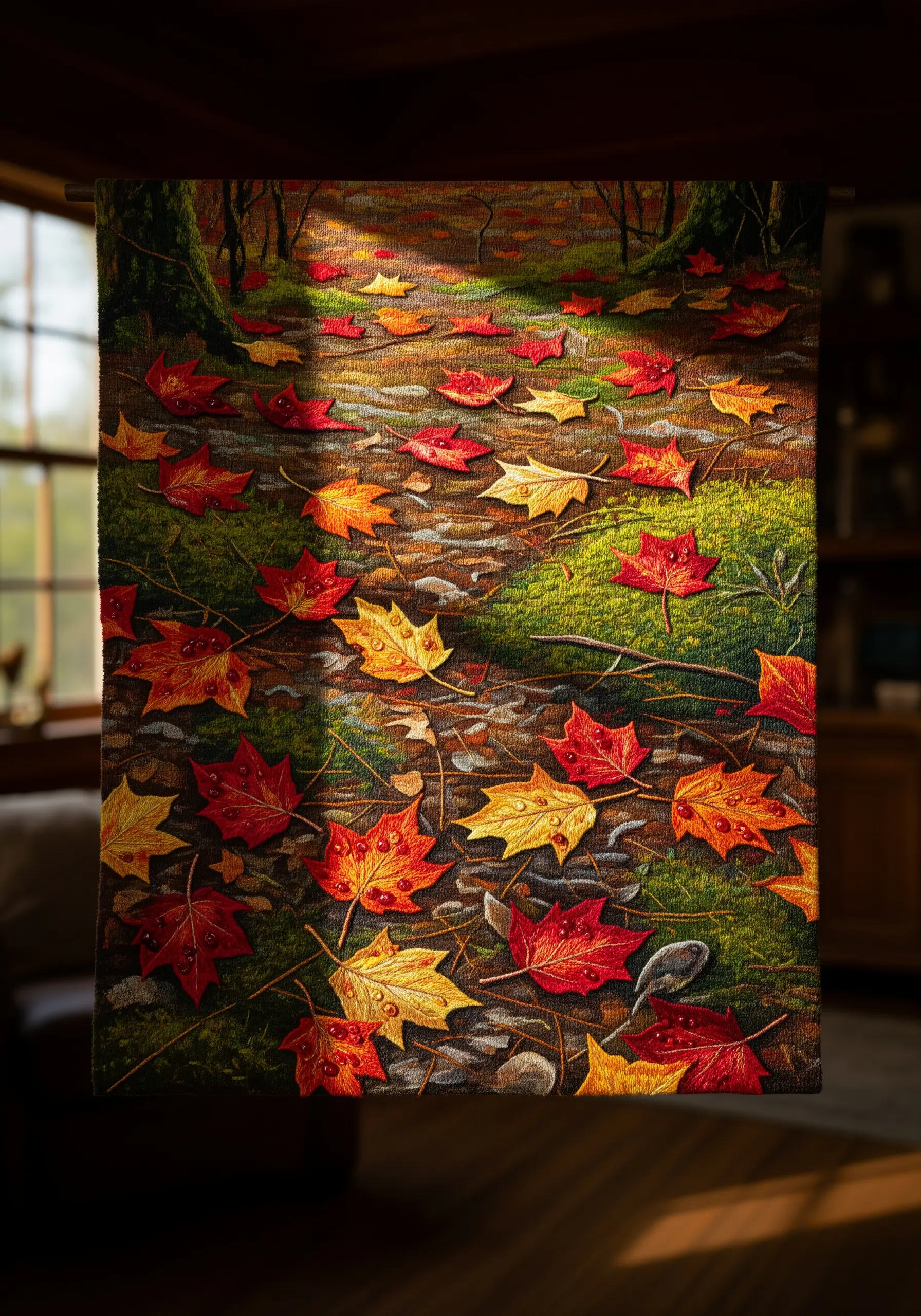 Embroidered wall hanging of autumn leaves on a forest floor with realistic water droplets.
