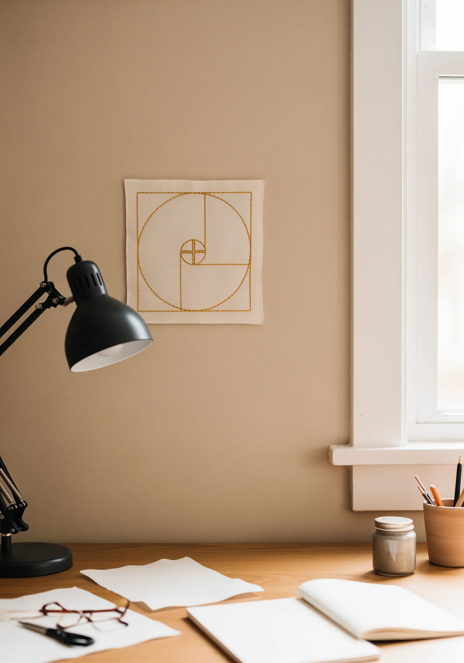 A simple line embroidery of the golden ratio stitched in gold thread on off-white fabric.