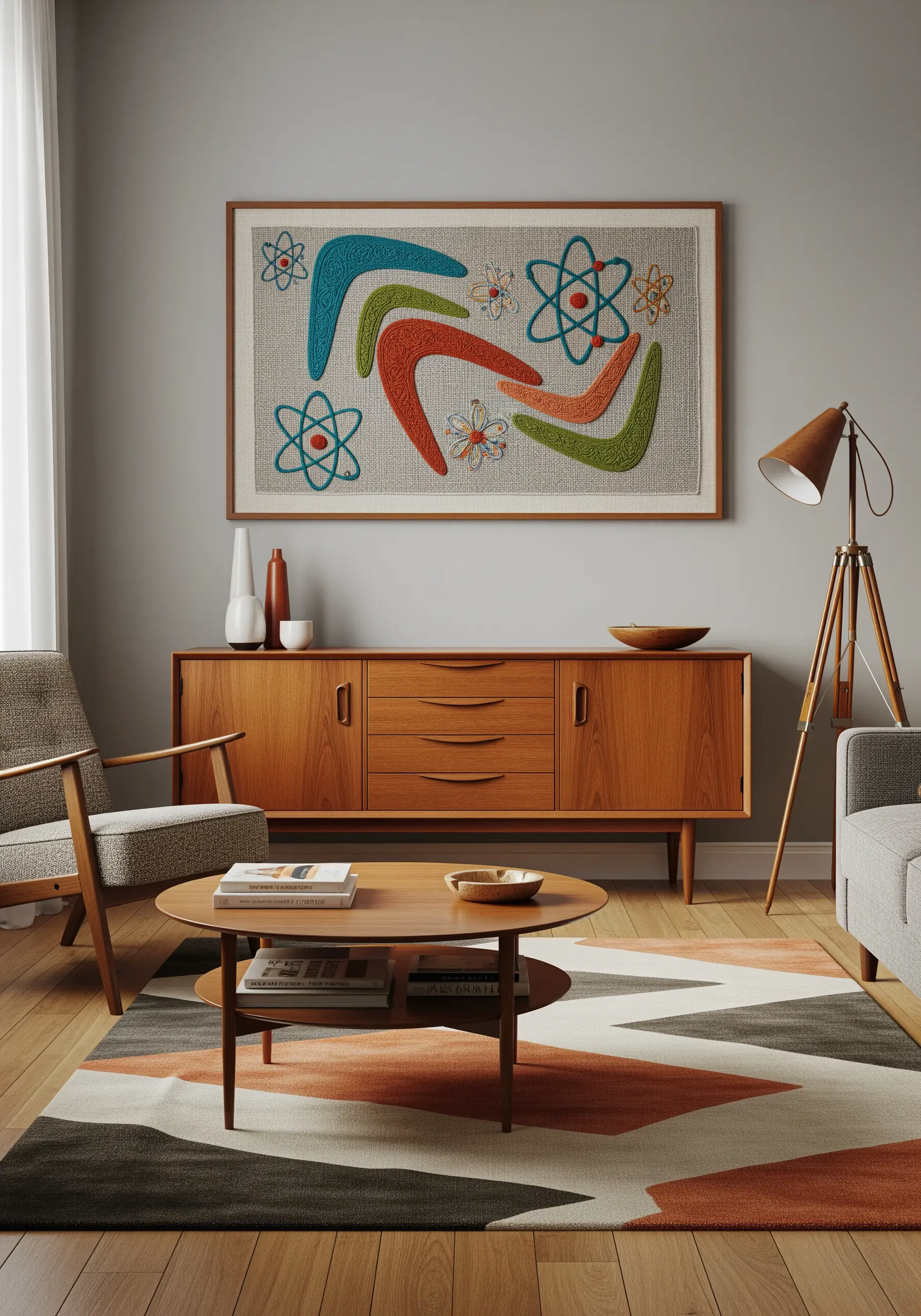 A framed Mid-Century Modern embroidery with colorful boomerang and atomic shapes on a neutral background.