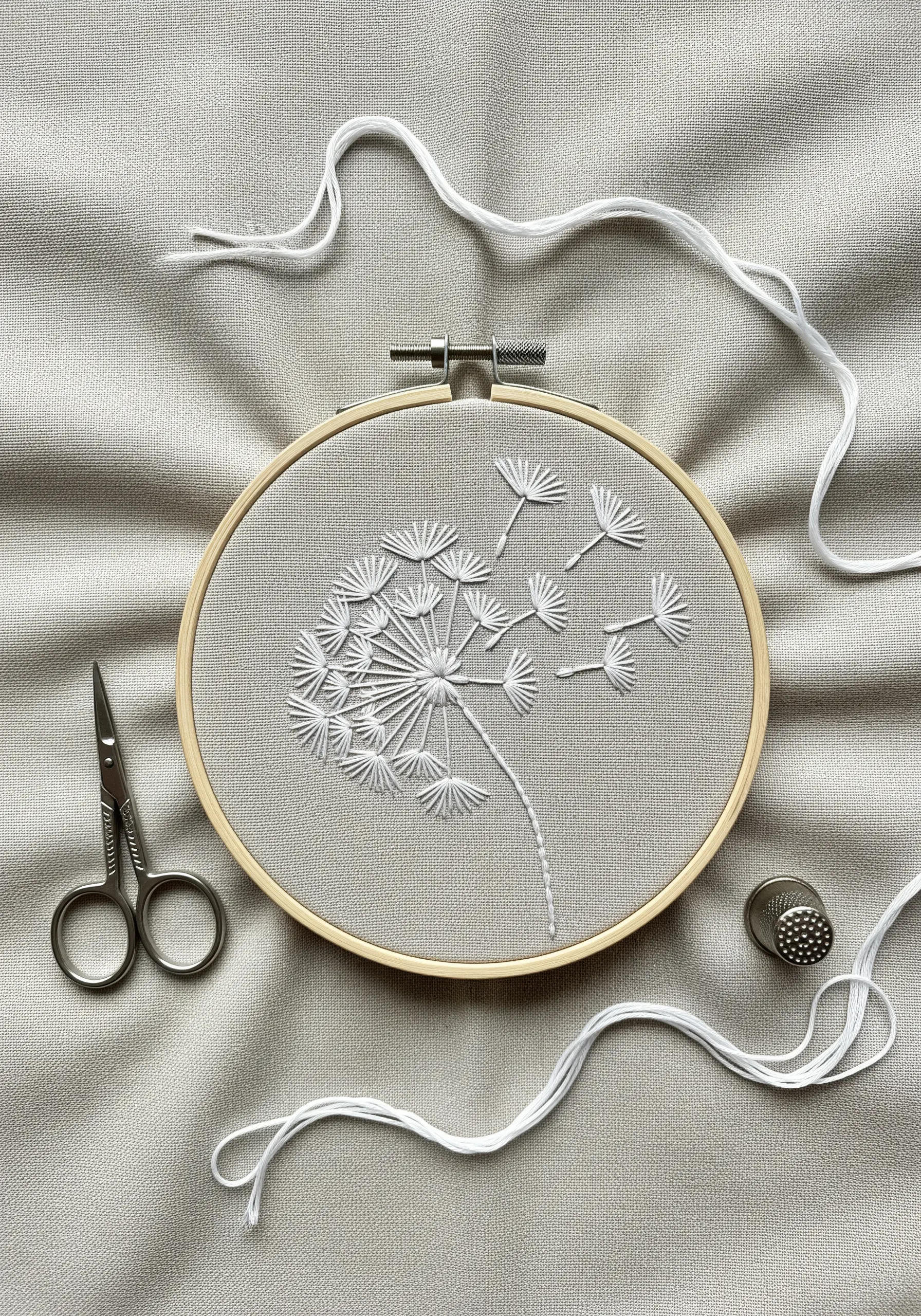 A white dandelion embroidered on grey fabric, with seeds blowing in the wind.