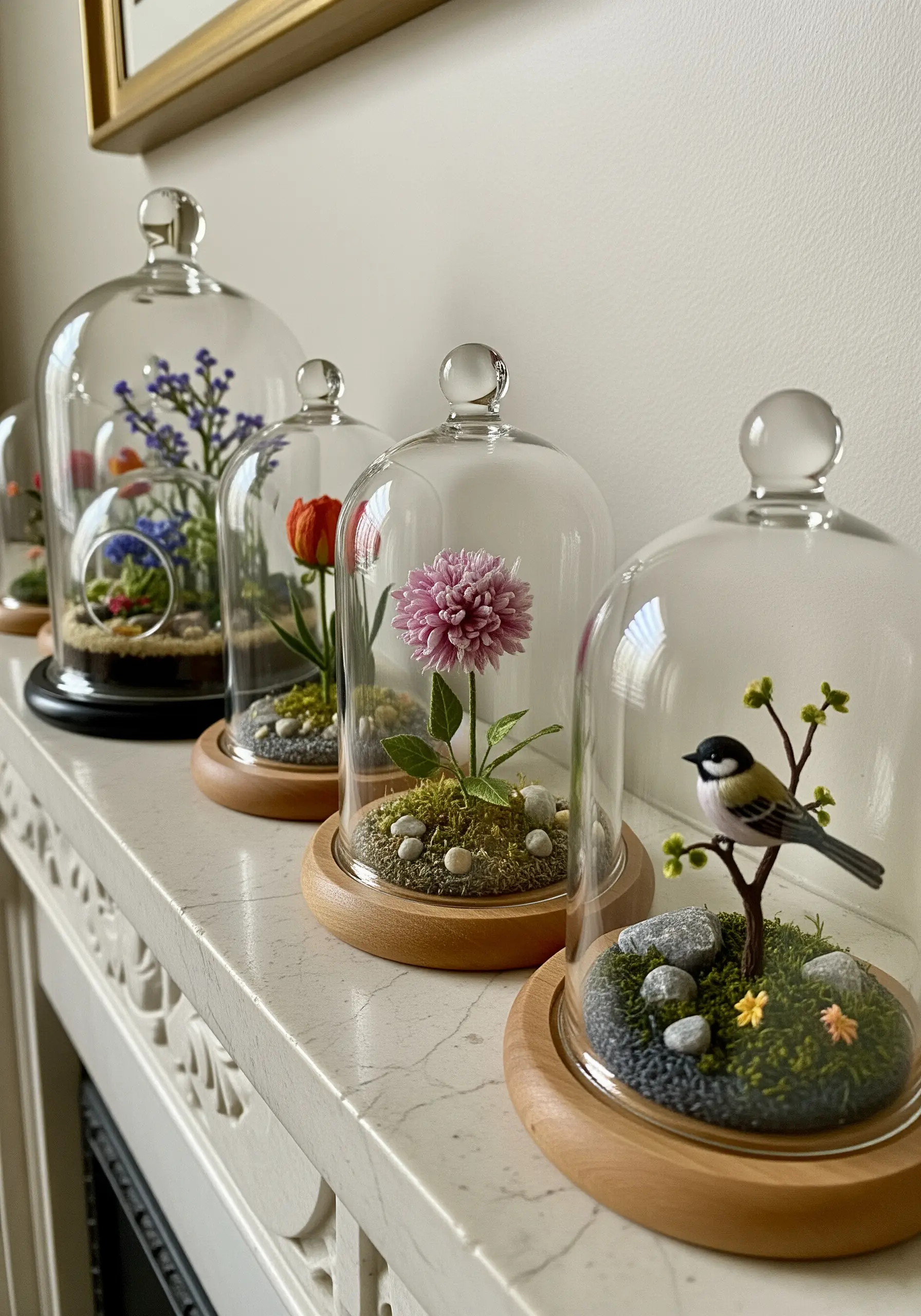 A row of glass cloches on a mantel, each containing a tiny embroidered bird or flower scene.
