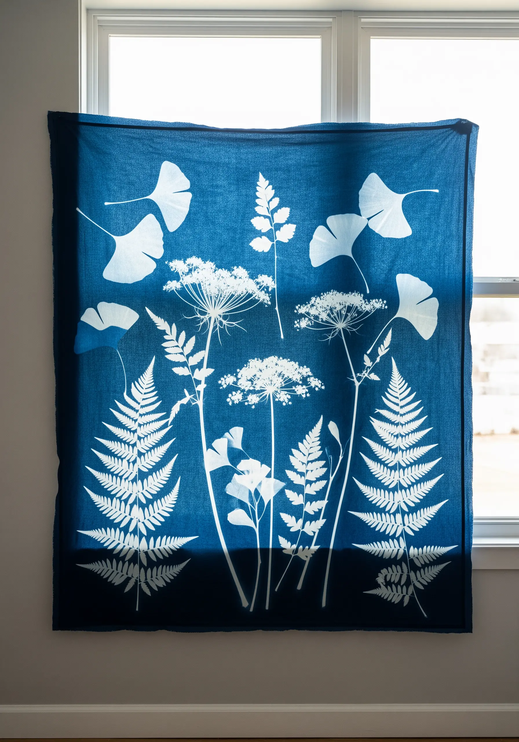A deep indigo cyanotype fabric print featuring crisp white silhouettes of ferns, ginkgo, and wildflowers.