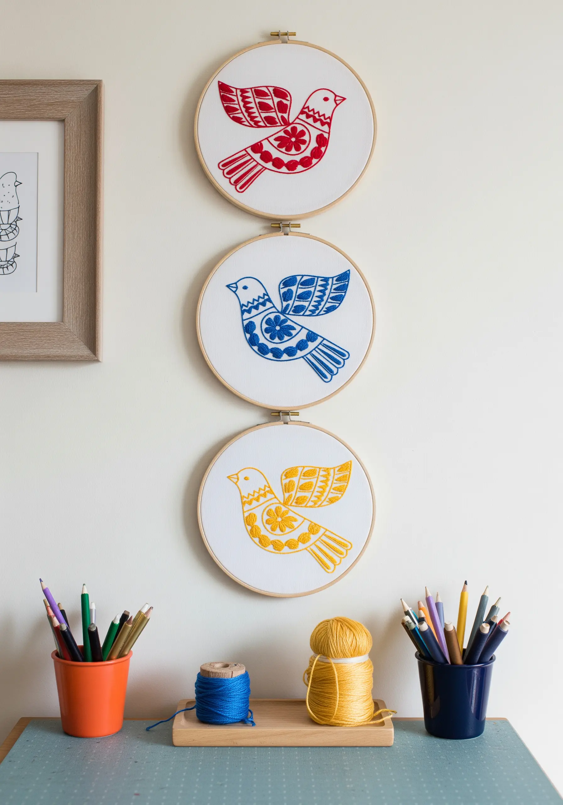 Three embroidery hoops stacked vertically, each showing a folk art bird in red, blue, or yellow.