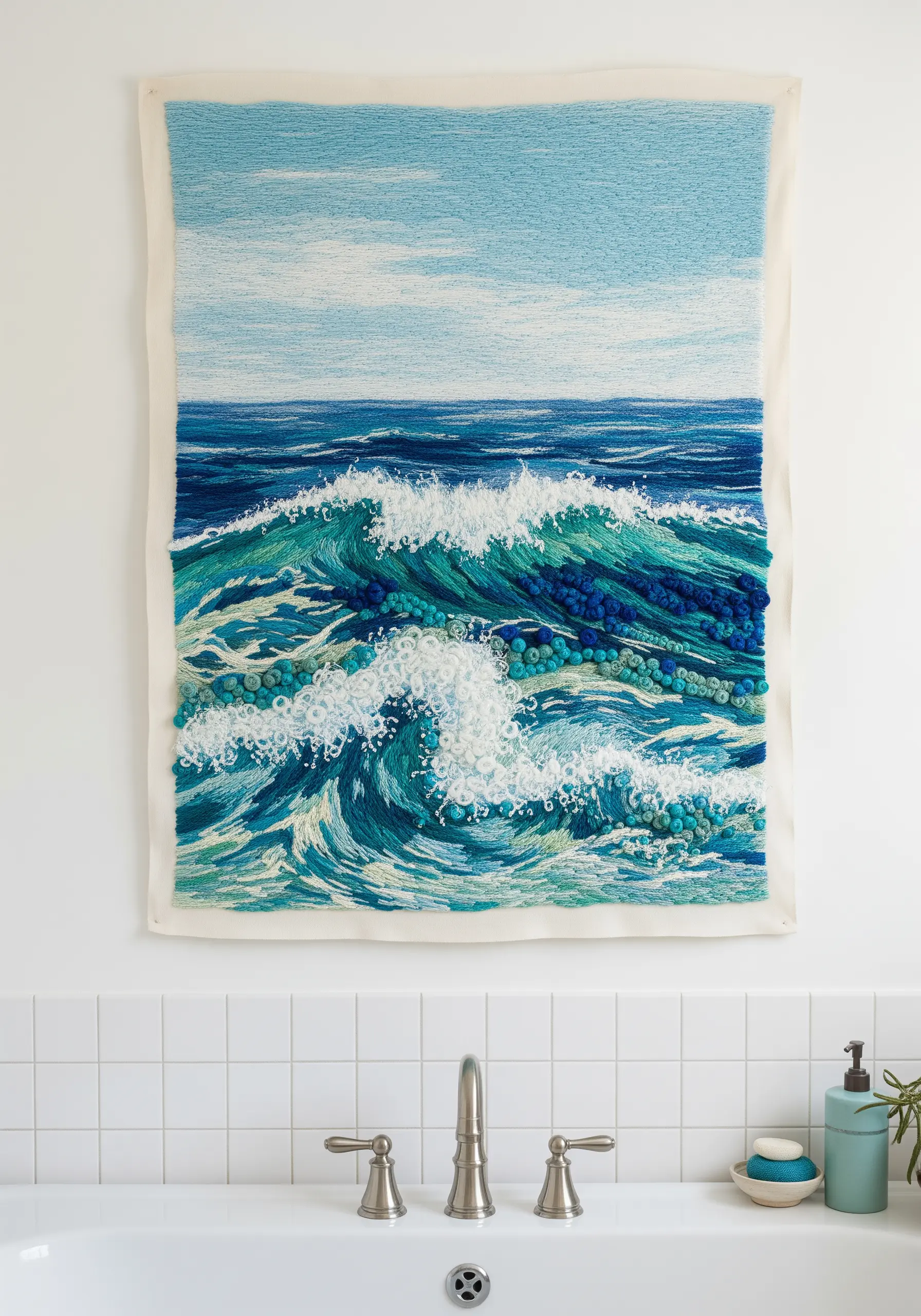 A textile art piece of ocean waves with 3D knots and loops for the sea foam.