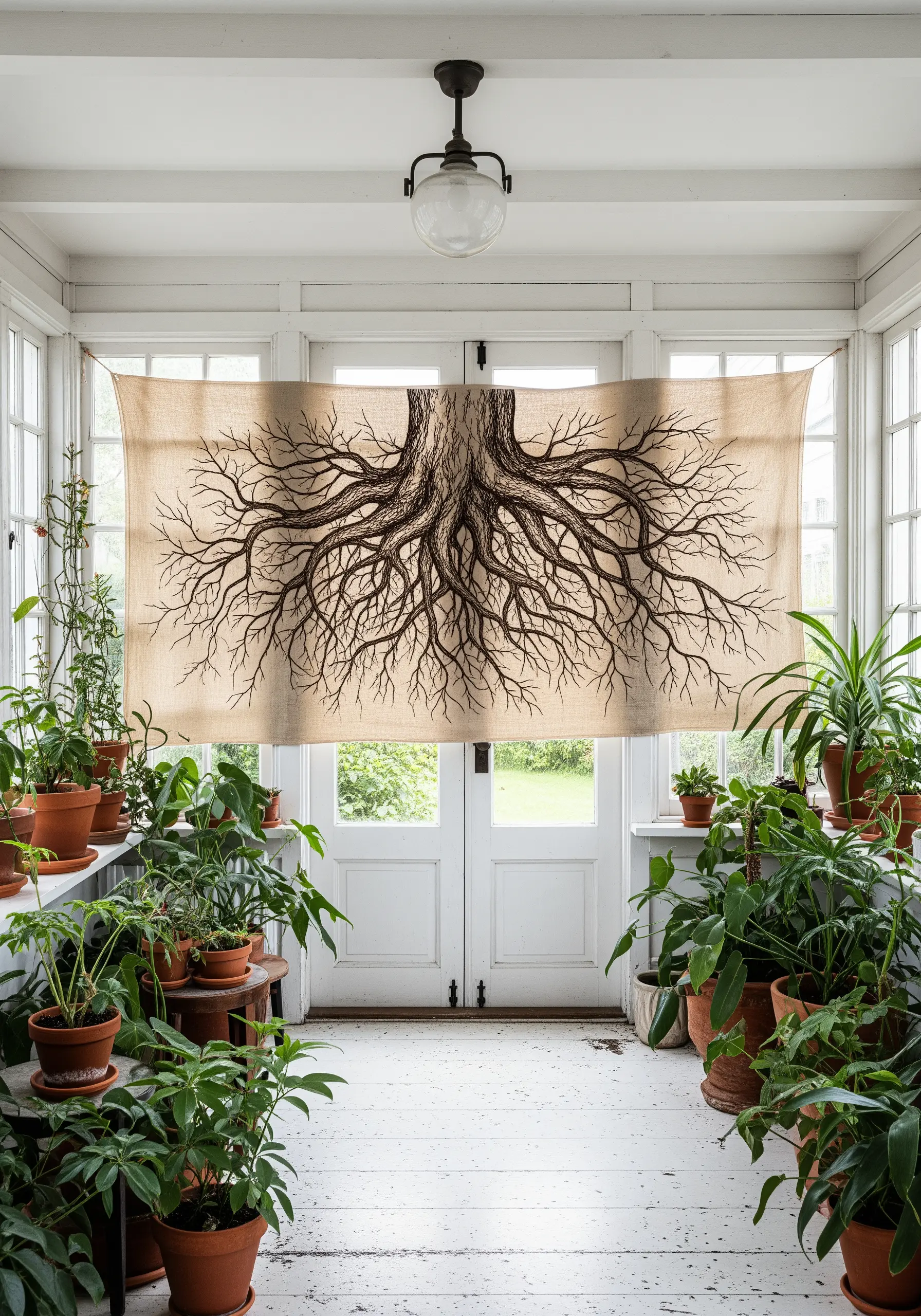 A large burlap tapestry embroidered with an intricate network of dark brown tree roots.