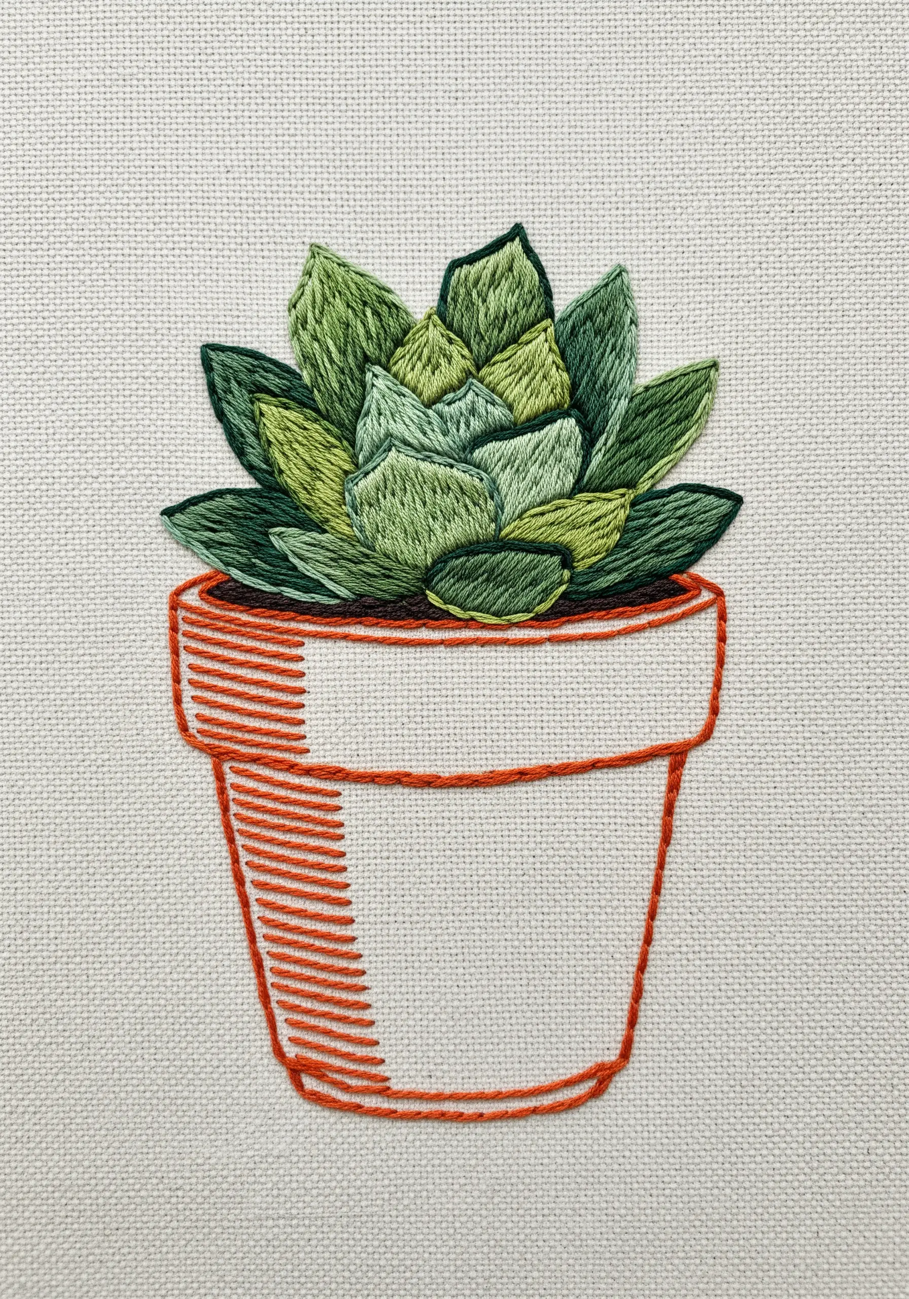 A thread-painted succulent with blended greens in a terracotta-outlined pot.