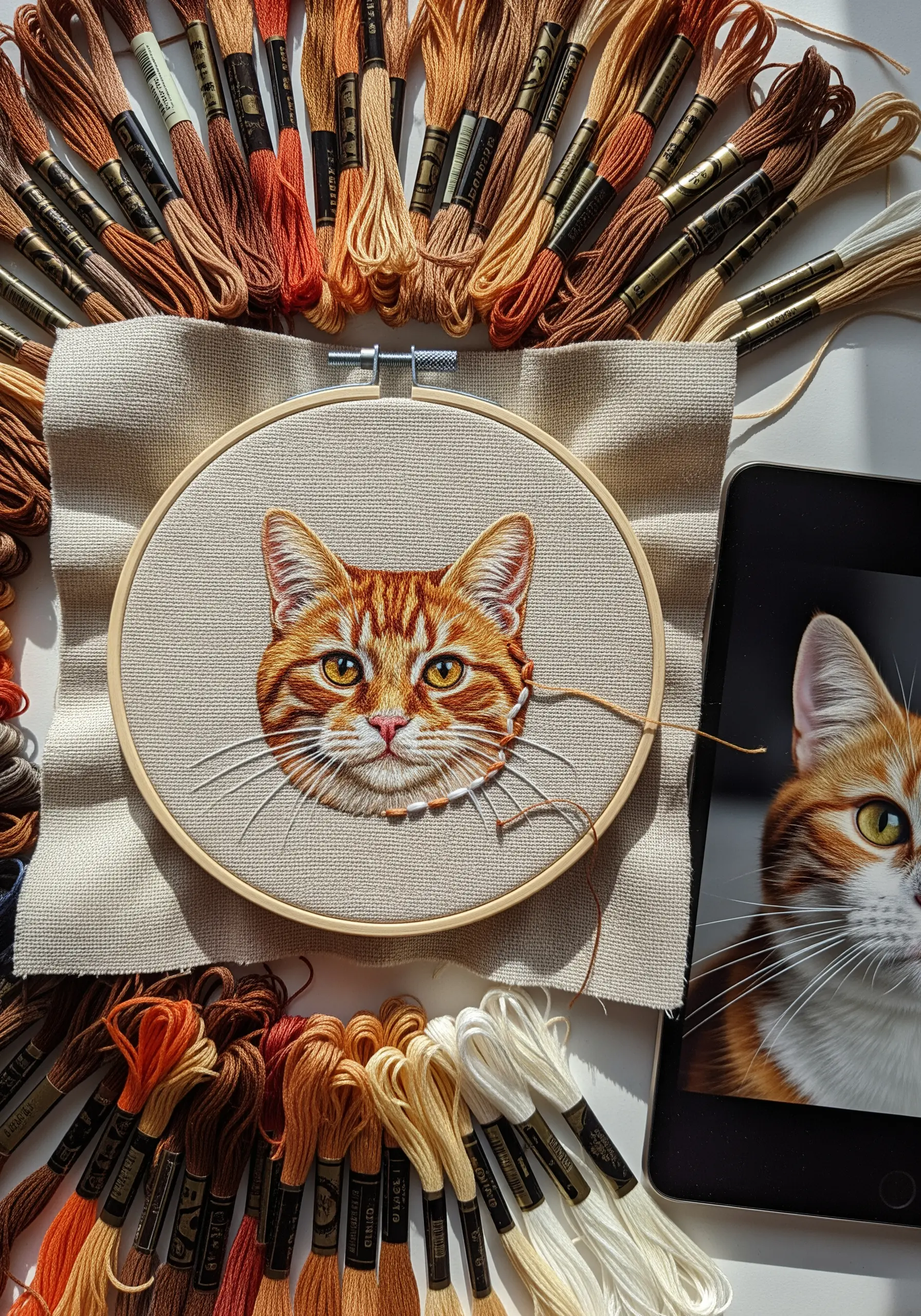 A highly detailed, realistic thread-painted portrait of a ginger cat in an embroidery hoop.