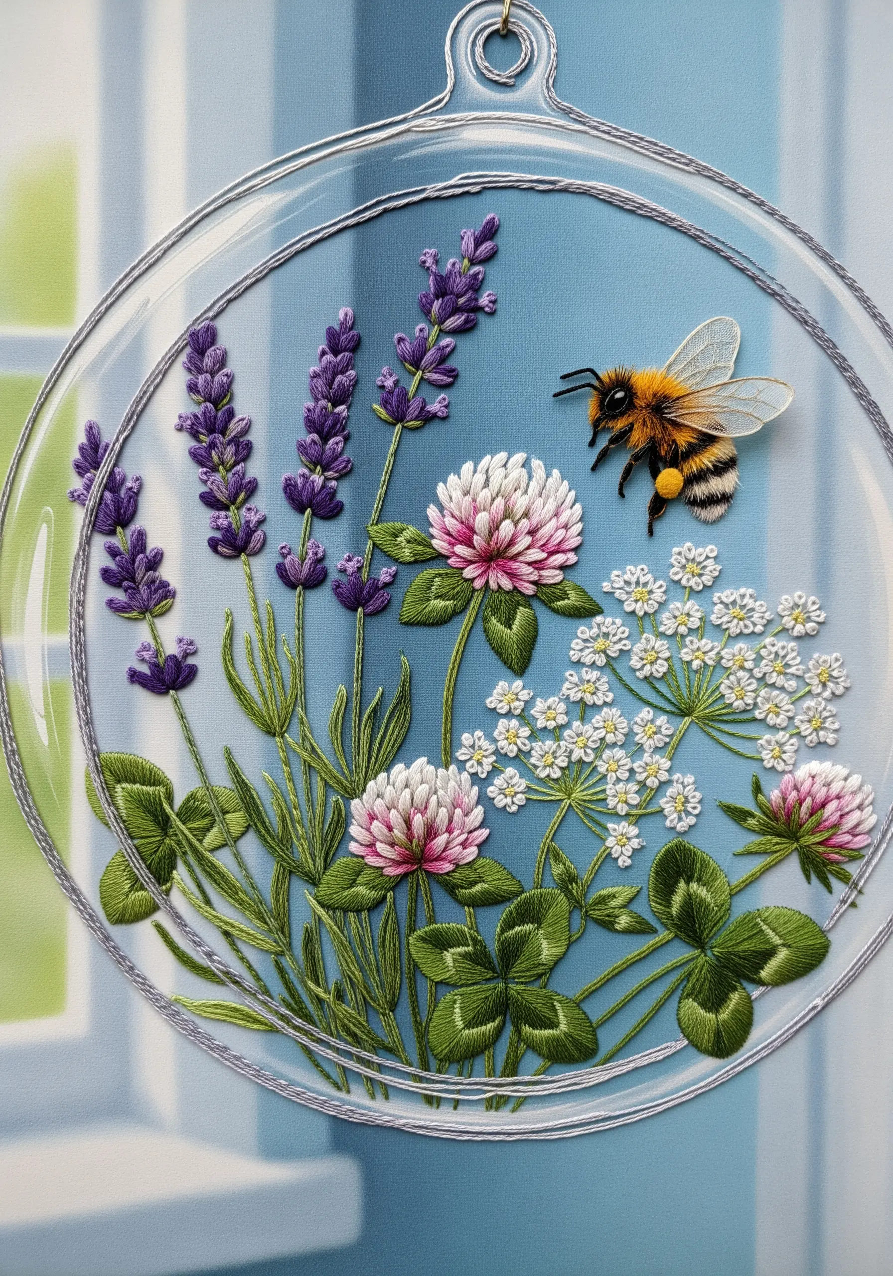 3D embroidered bee flying towards lavender and clover inside a glass terrarium