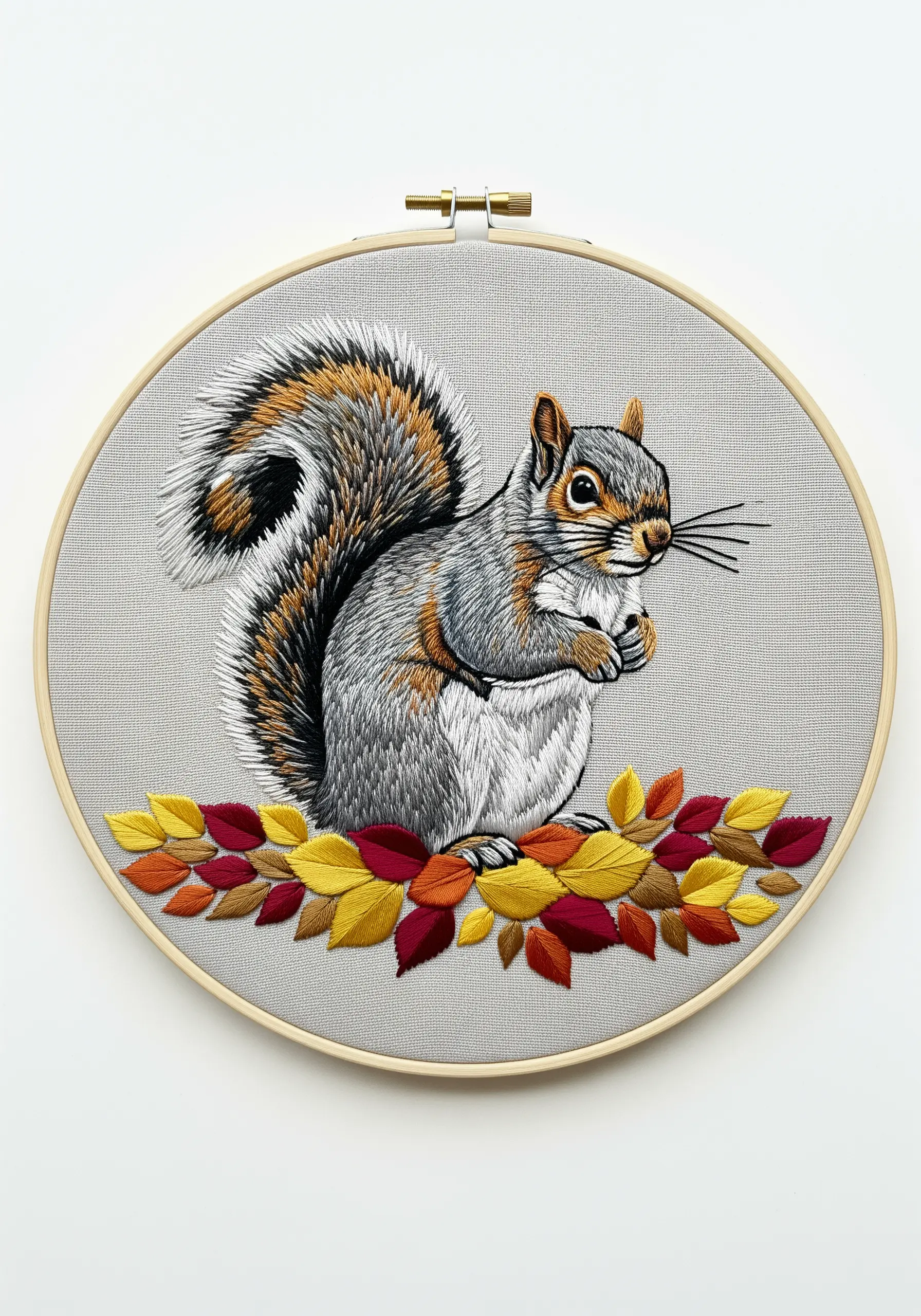 Realistic embroidery of a grey squirrel sitting on a bed of autumn leaves.