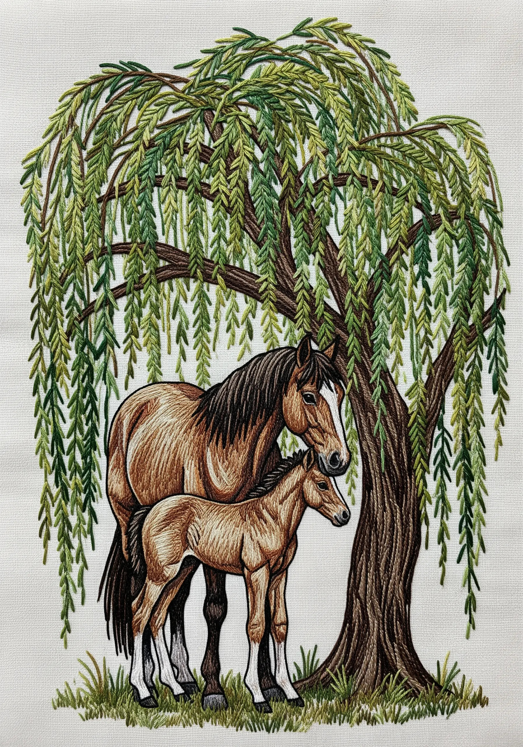 Thread-painted horse and foal standing under a detailed weeping willow tree embroidery.