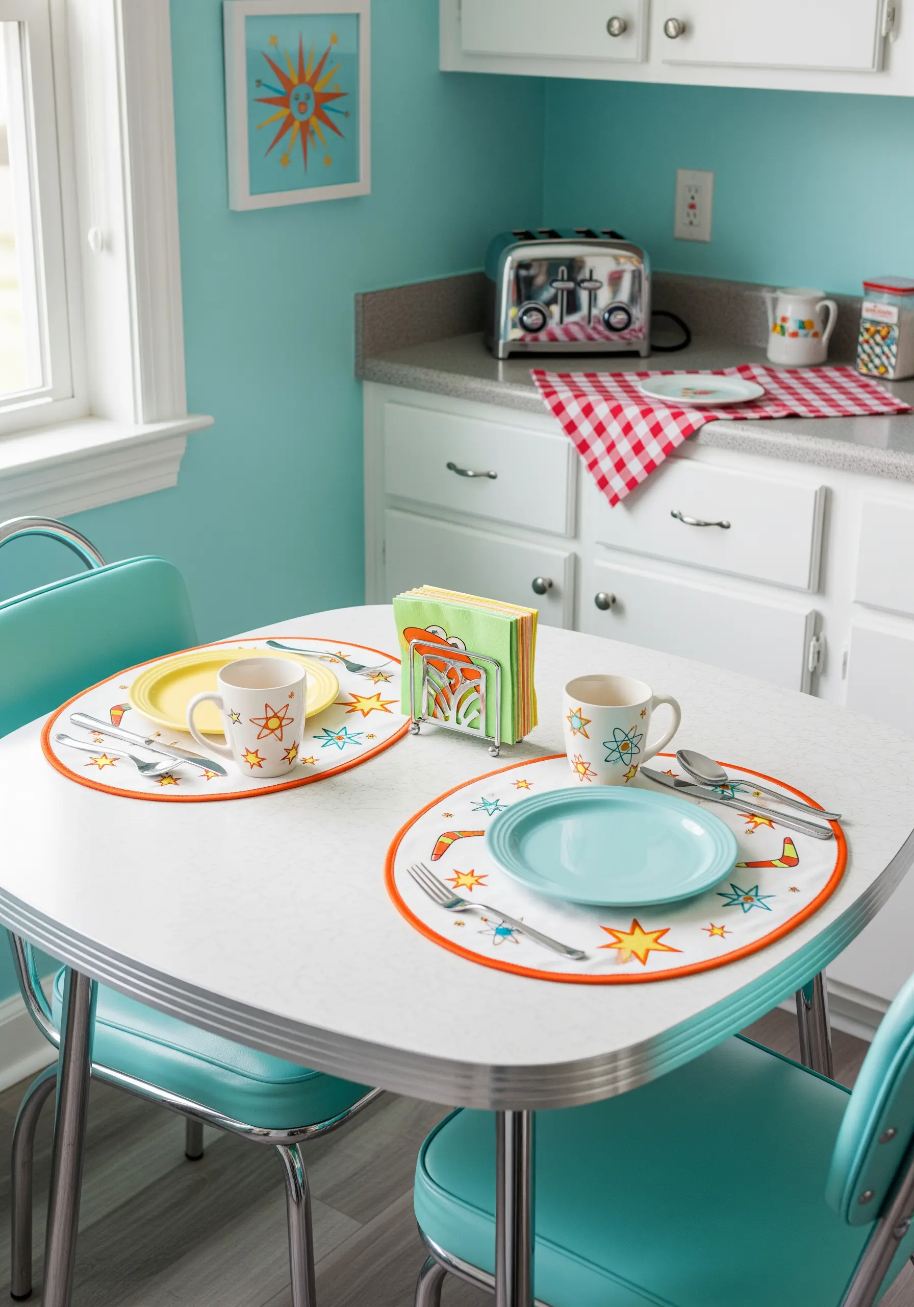 Retro-style placemats with embroidered and appliquéd stars and abstract shapes