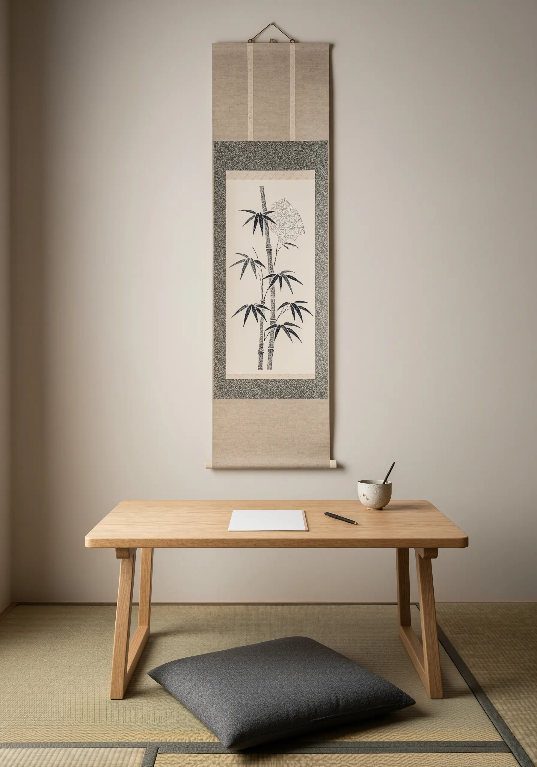 A Japanese wall scroll with delicate black thread embroidery of a bamboo stalk.