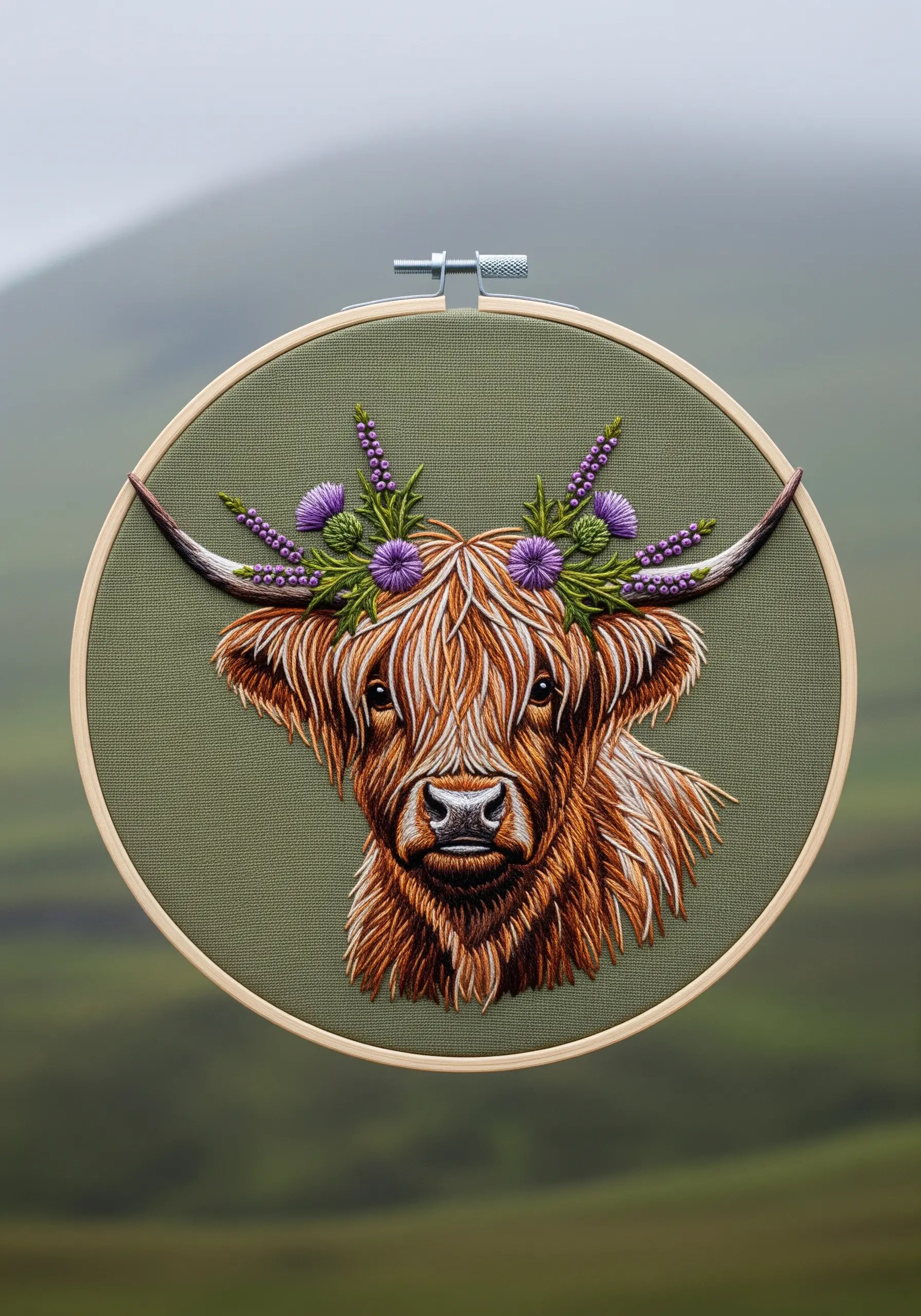 A thread-painted Highland cow with long, shaggy hair and a crown of purple thistles.