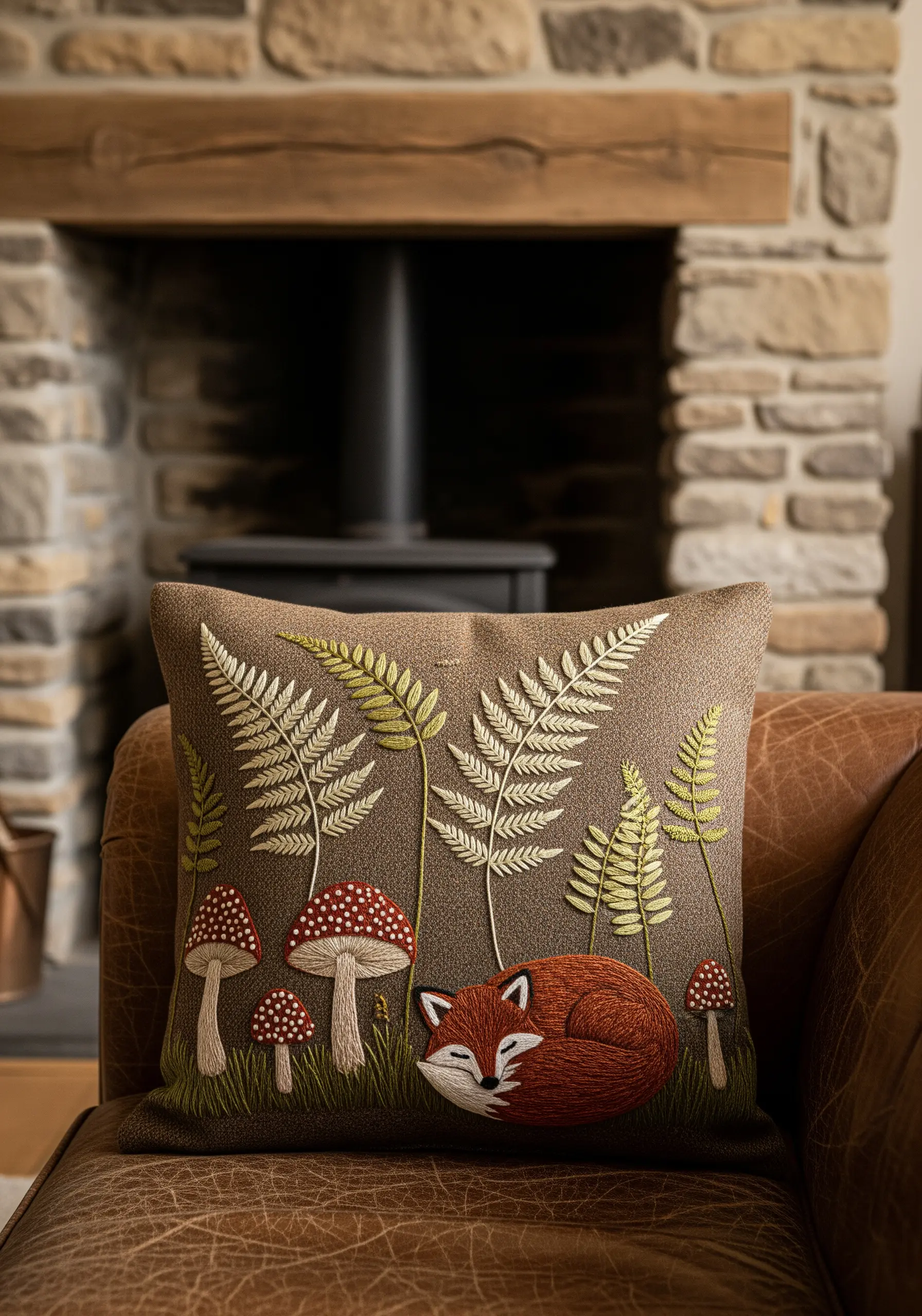 A sleeping fox embroidered with ferns and mushrooms on a brown cushion.