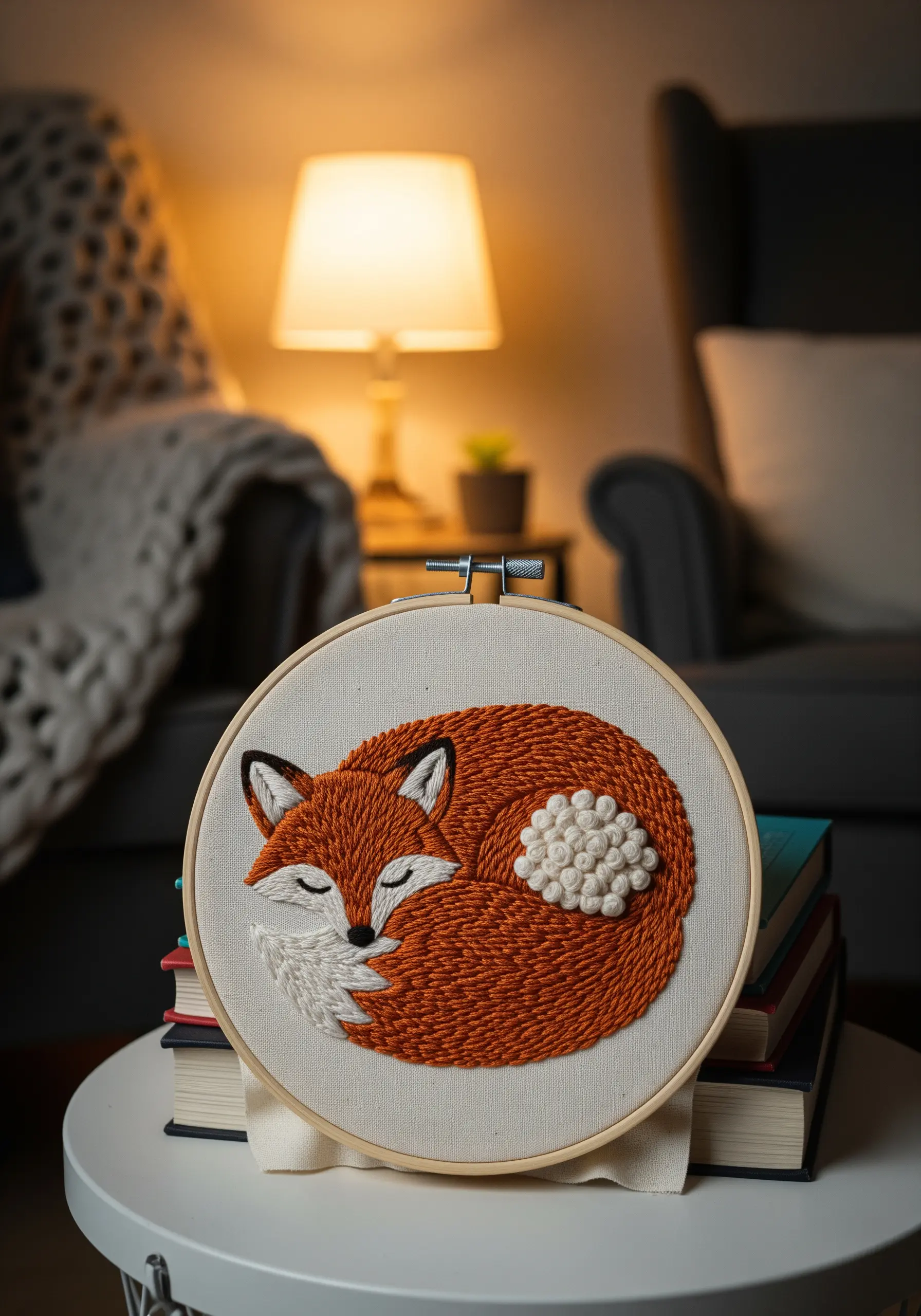 Embroidered sleeping fox with textured fur and a fluffy tail made of knots
