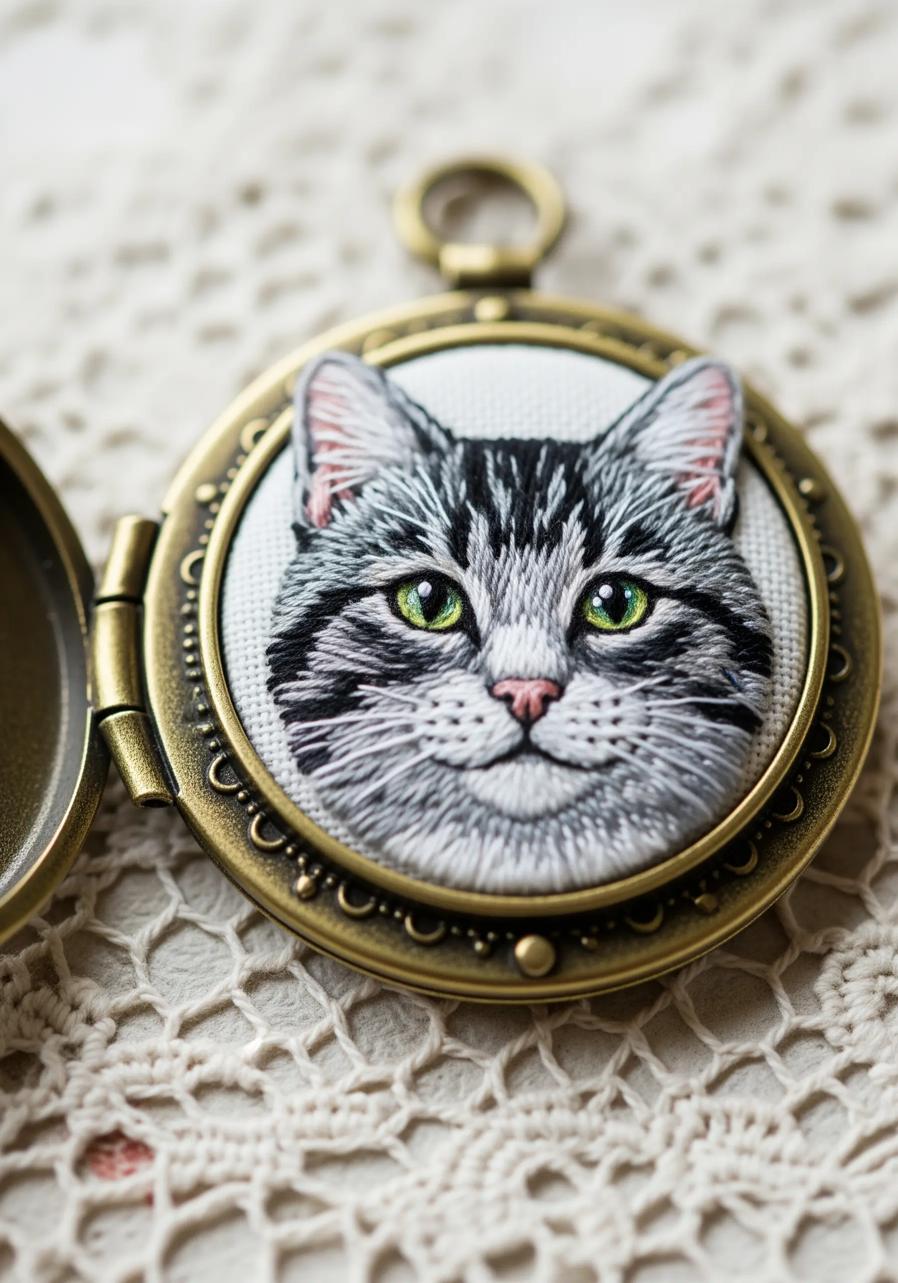 A highly detailed, thread-painted portrait of a silver tabby cat set inside an antique brass locket.