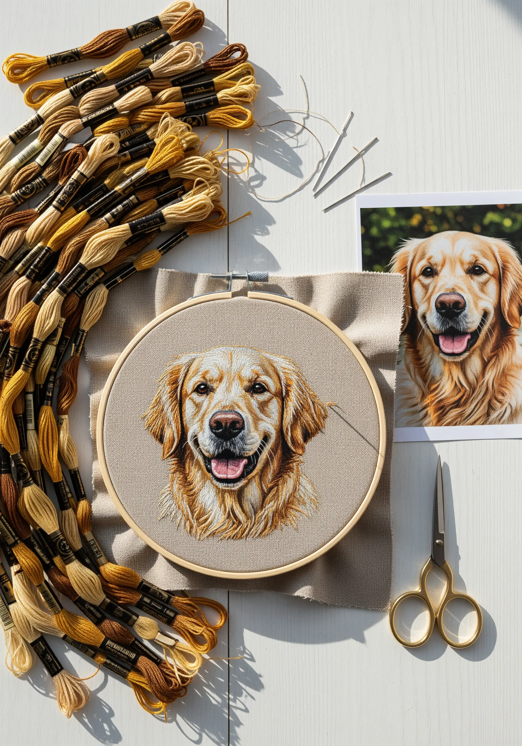 Detailed thread-painted embroidery of a golden retriever's face in a hoop.