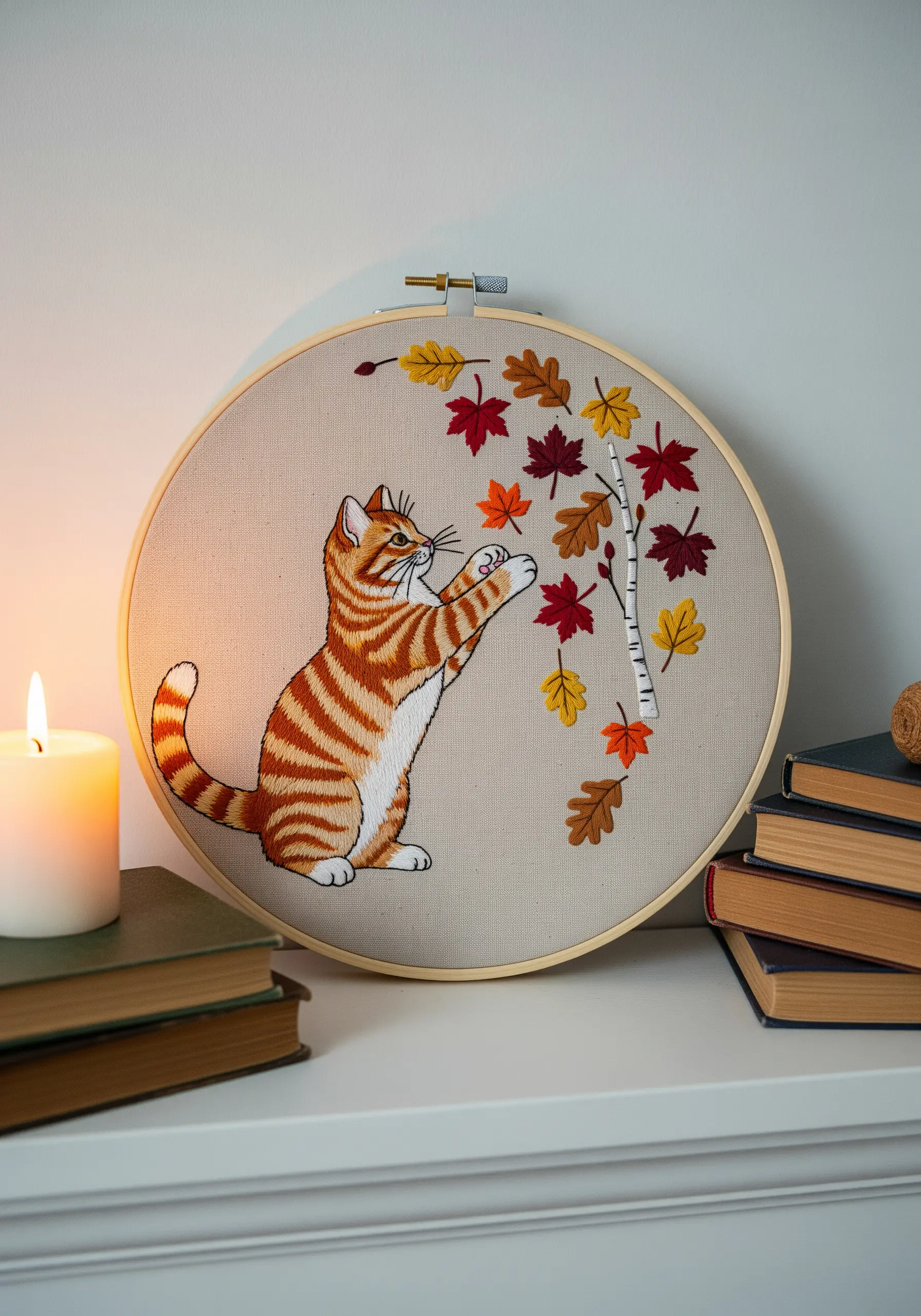 Embroidery of a ginger tabby cat playfully reaching for falling autumn leaves.