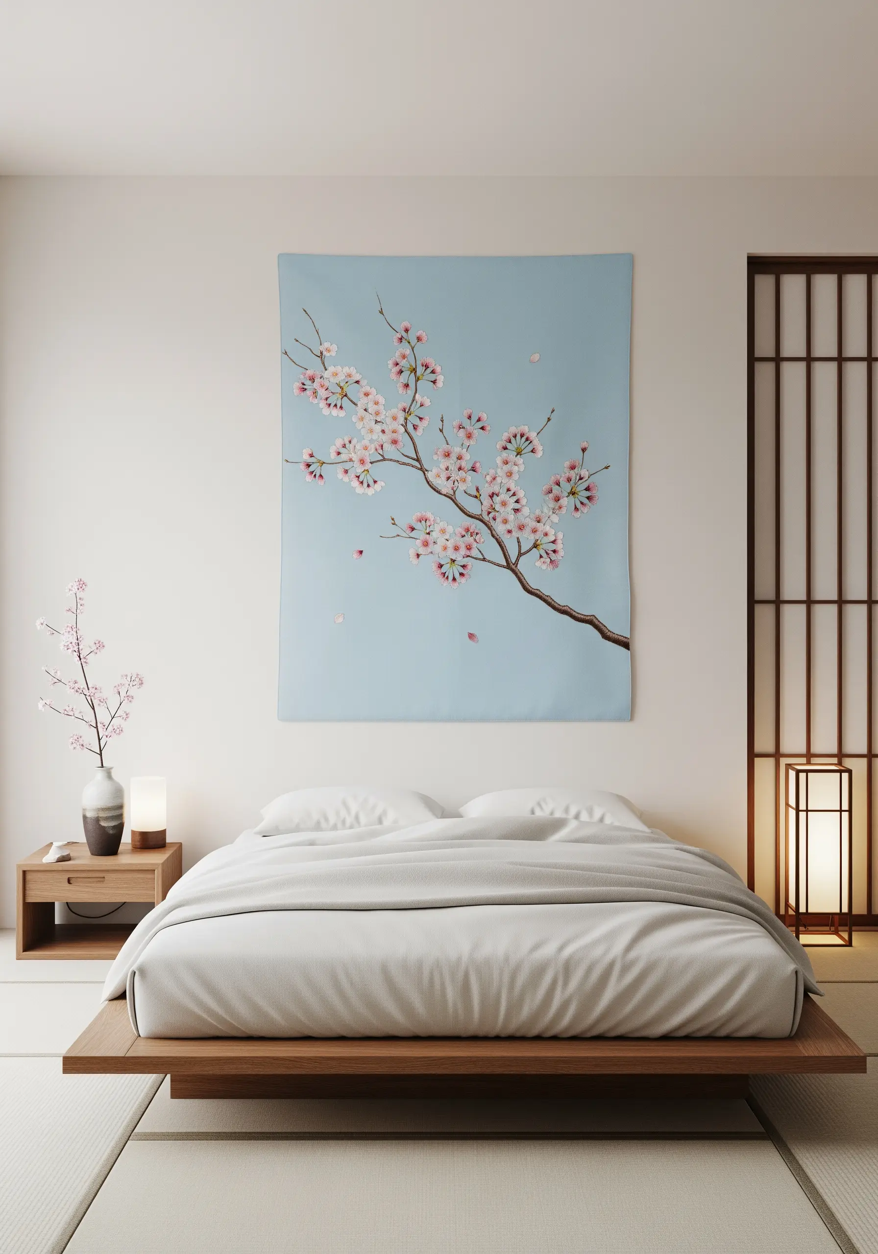 A large wall hanging with an embroidered cherry blossom branch against a pale blue background.