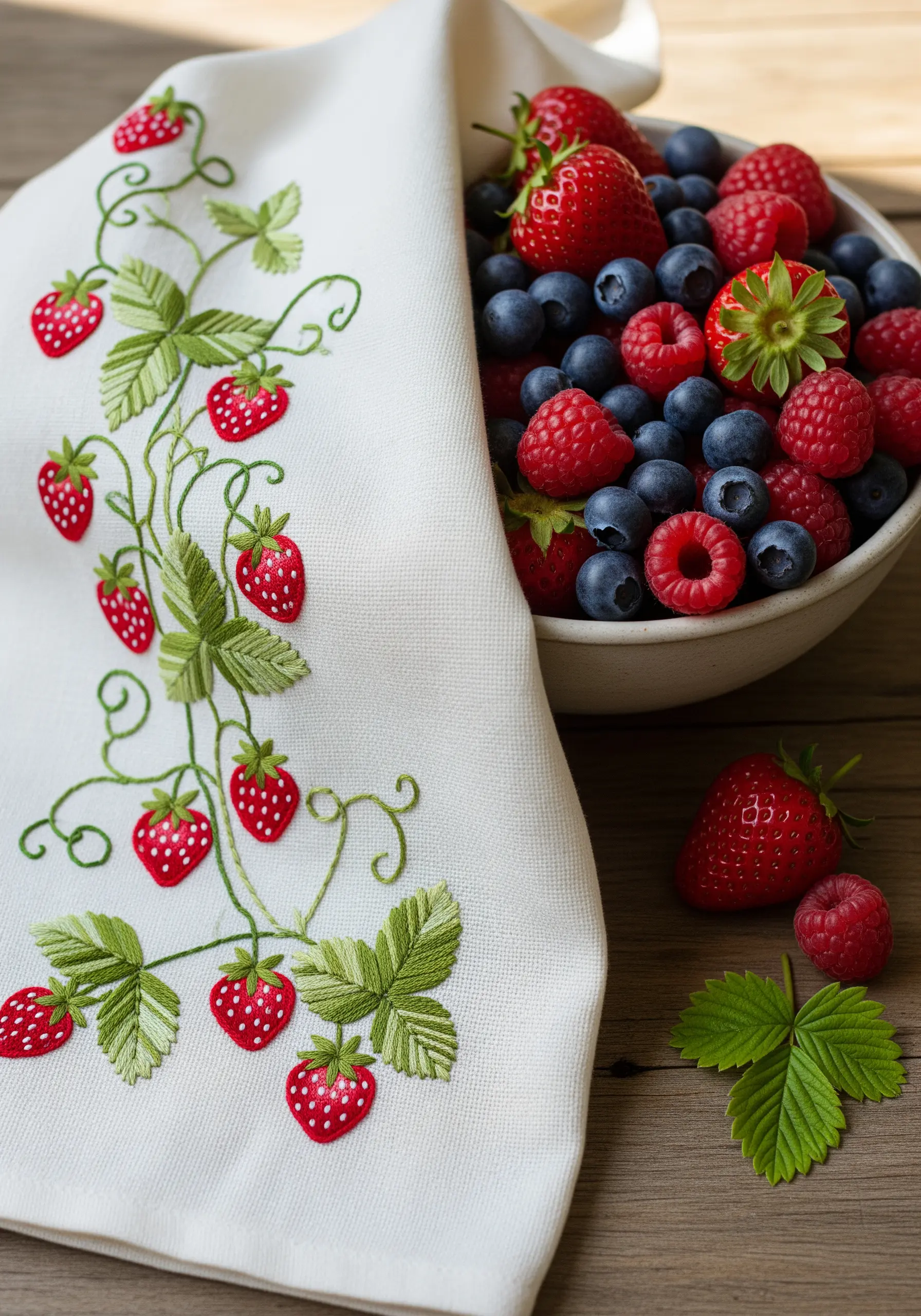 A climbing strawberry vine with red berries and green leaves on a white cloth.