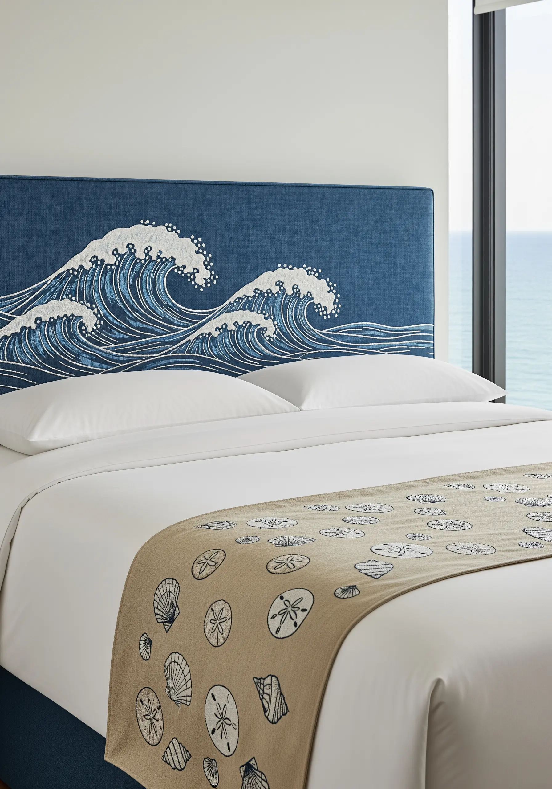 An embroidered version of 'The Great Wave' on a blue headboard, using French knots for foam.