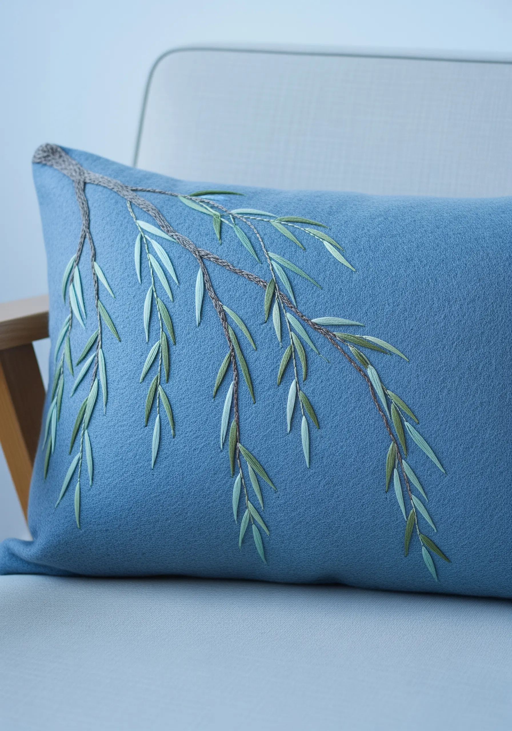 Graceful weeping willow branch with textured stitches on a dusty blue wool pillow.