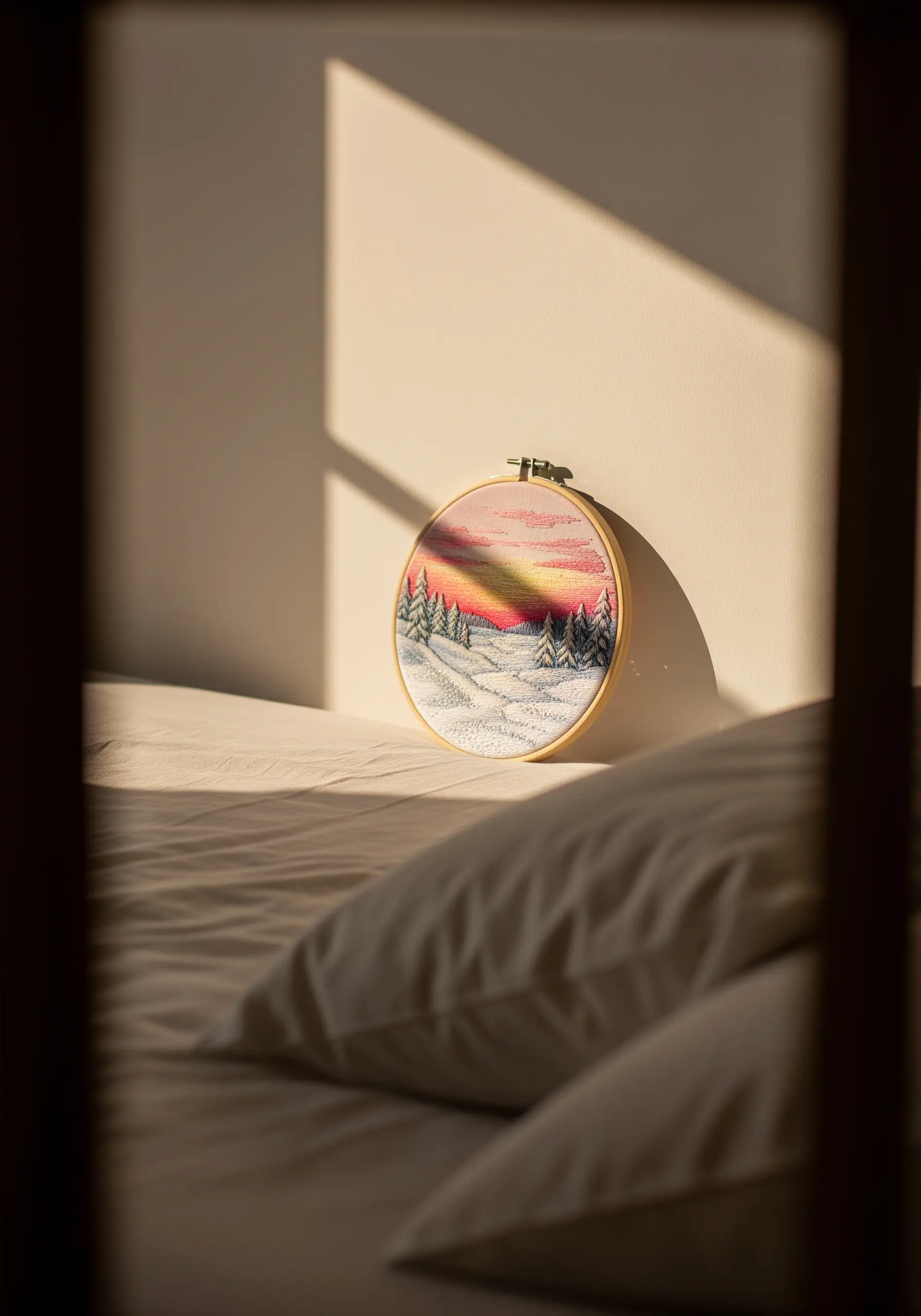 Embroidery hoop of a winter sunset over a snowy landscape, lit by warm light.