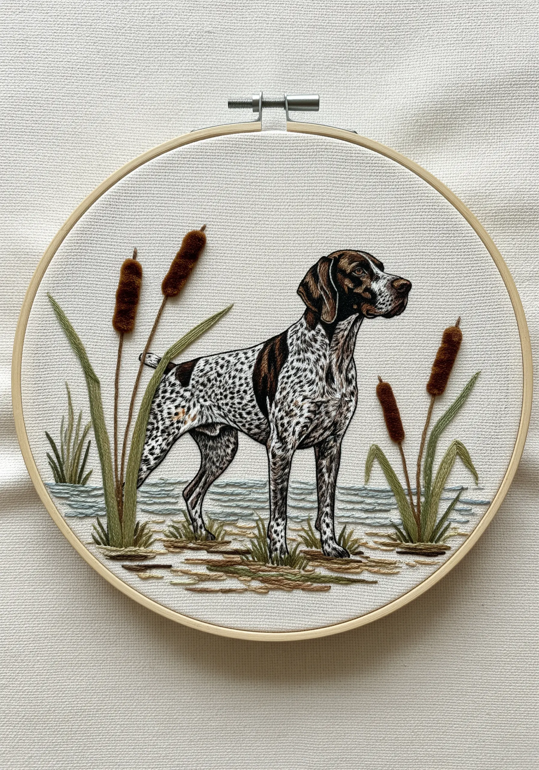 Full-body embroidery of a German Shorthaired Pointer standing among cattails by the water.
