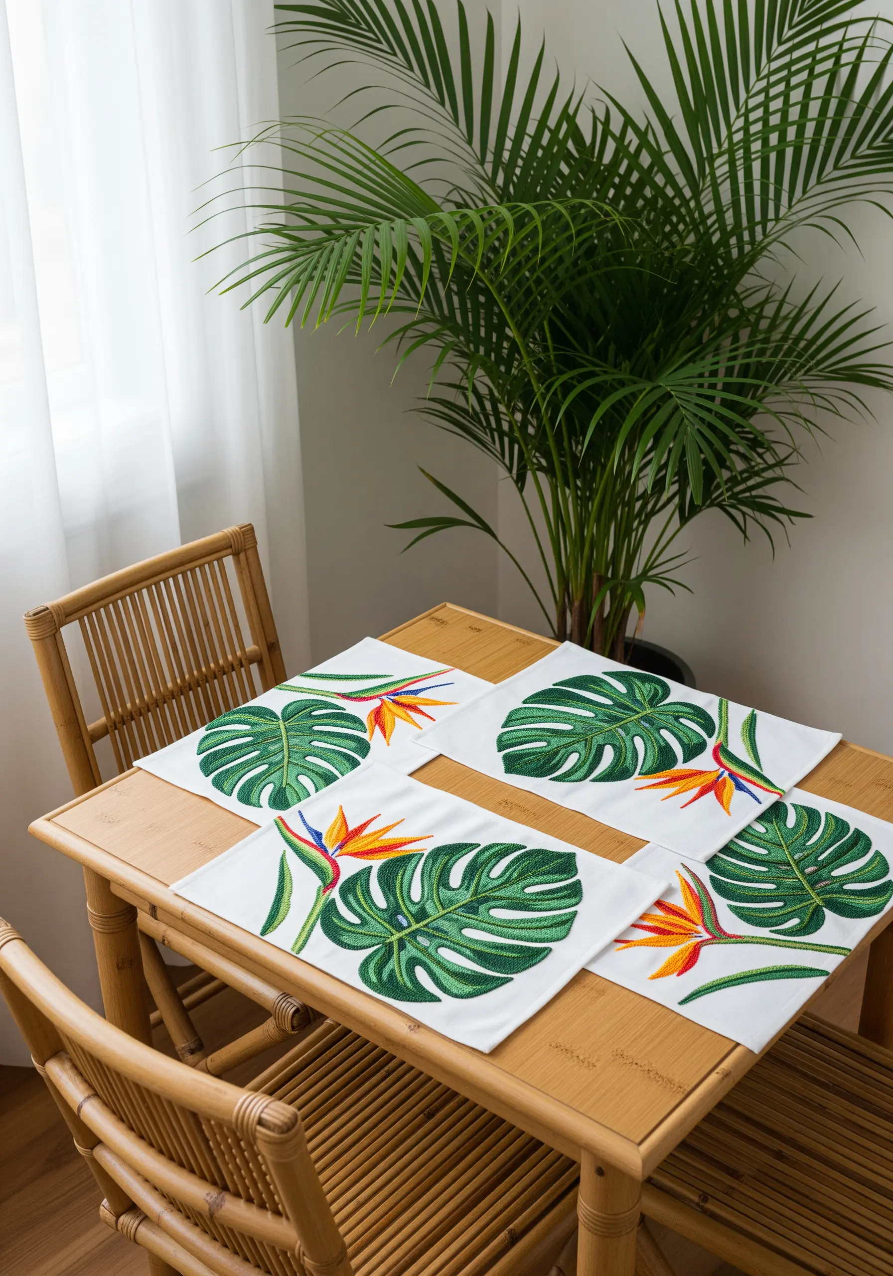 Placemats with vibrant, realistic embroidery of monstera leaves and bird of paradise flowers