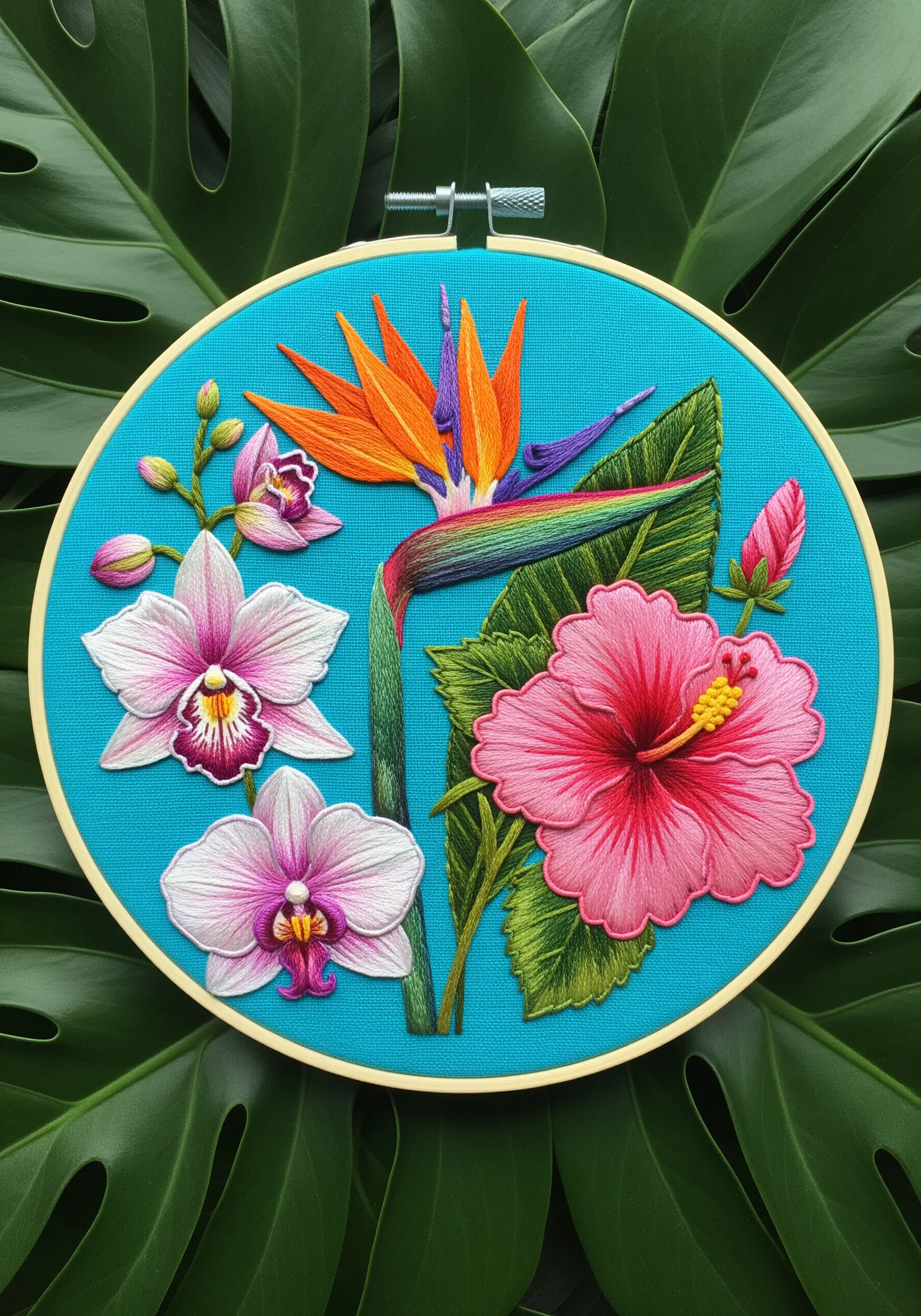 A vibrant embroidery of tropical flowers like hibiscus and bird of paradise using thread painting.