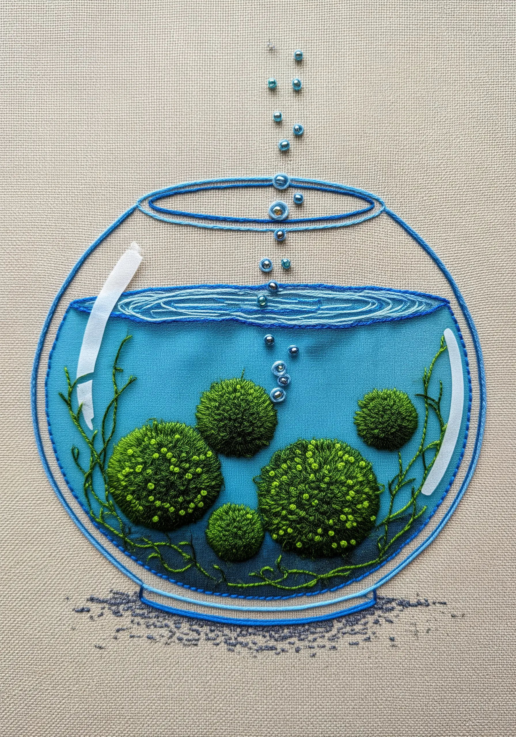 Embroidery of Marimo moss balls in a fishbowl with stitched water and beaded bubbles