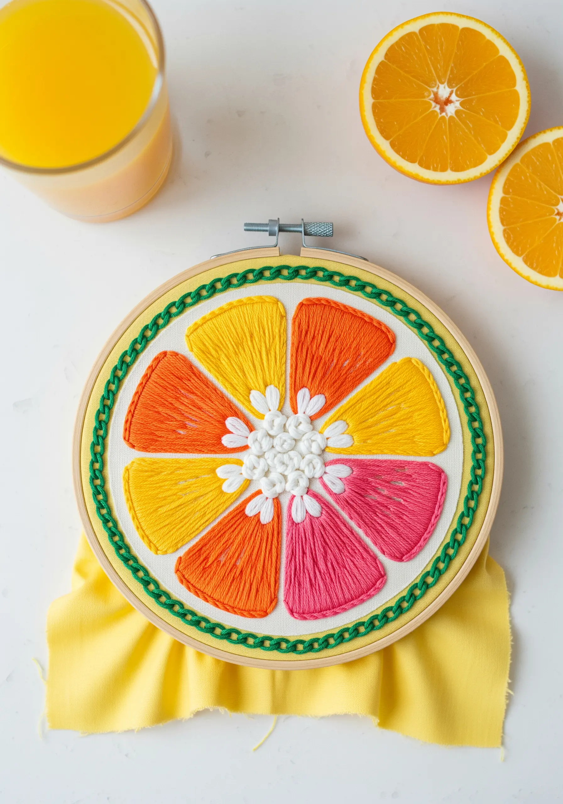 A vibrant citrus-slice mandala with satin stitch segments in yellow, orange, and pink.