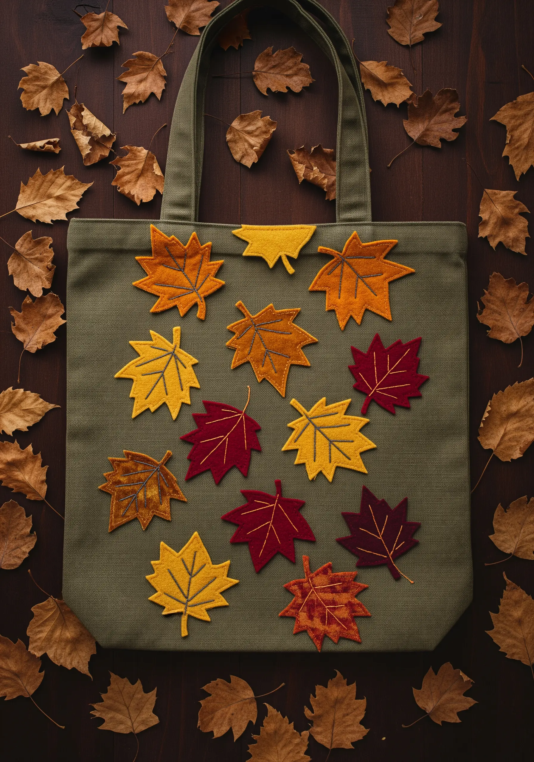 Felt autumn leaves in orange, yellow, and red appliquéd on an olive green tote bag.