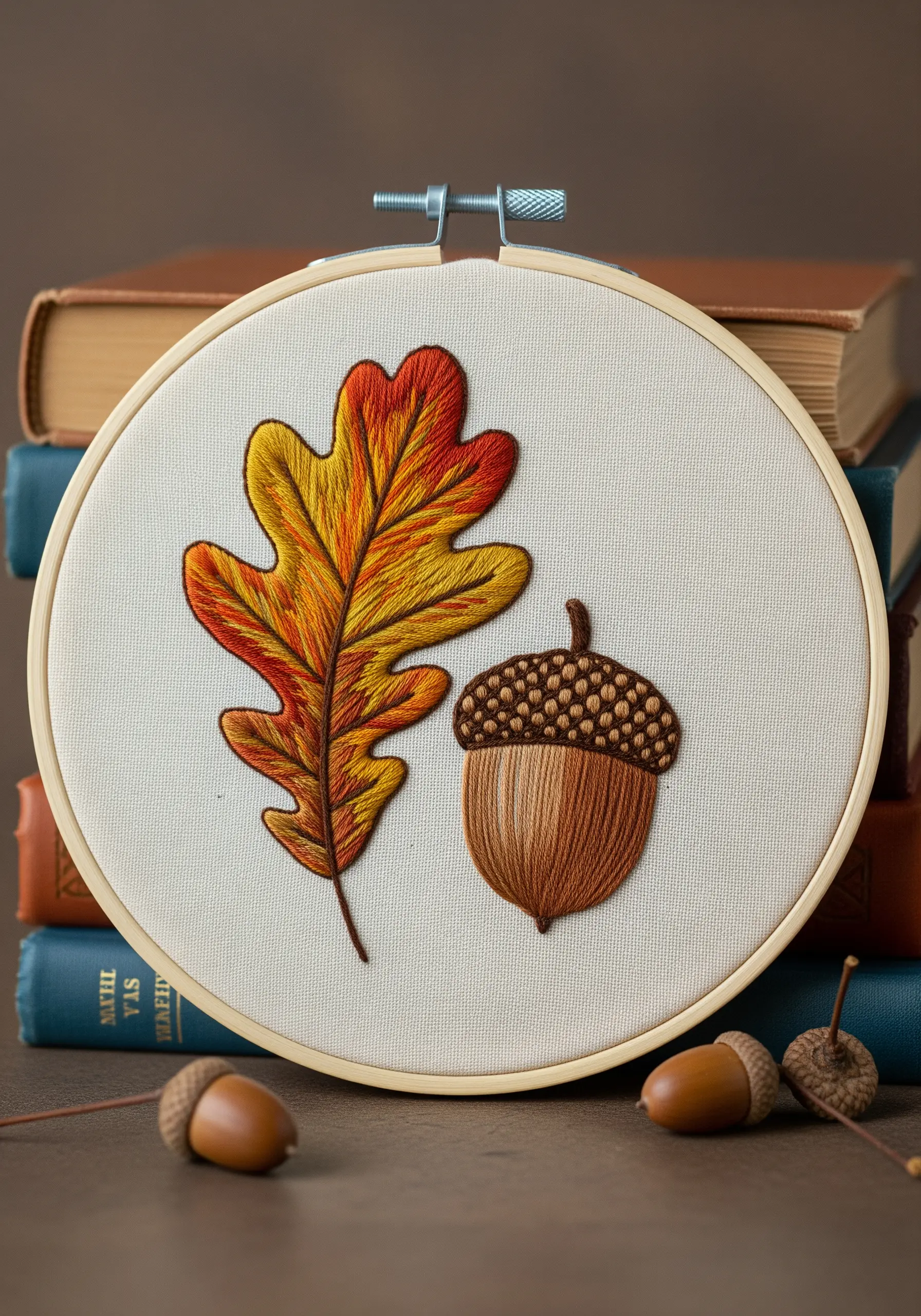 Embroidered oak leaf with color blending and an acorn with a French knot cap.