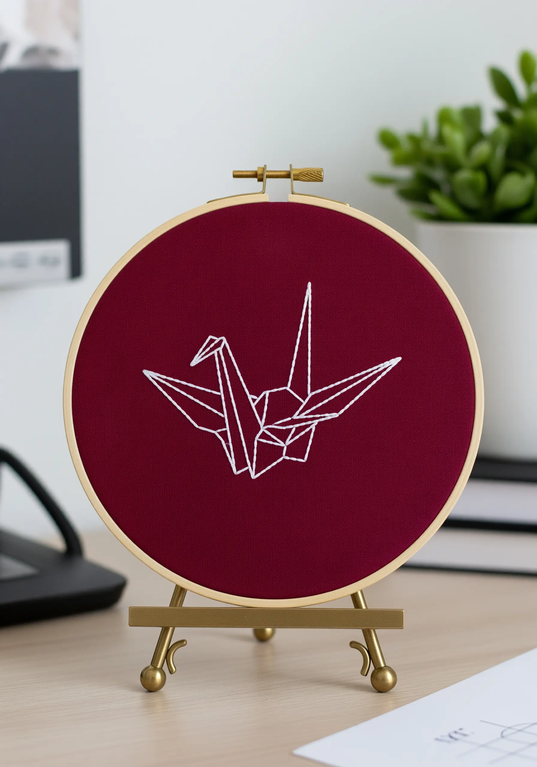 White thread outline of an origami paper crane on dark red fabric.