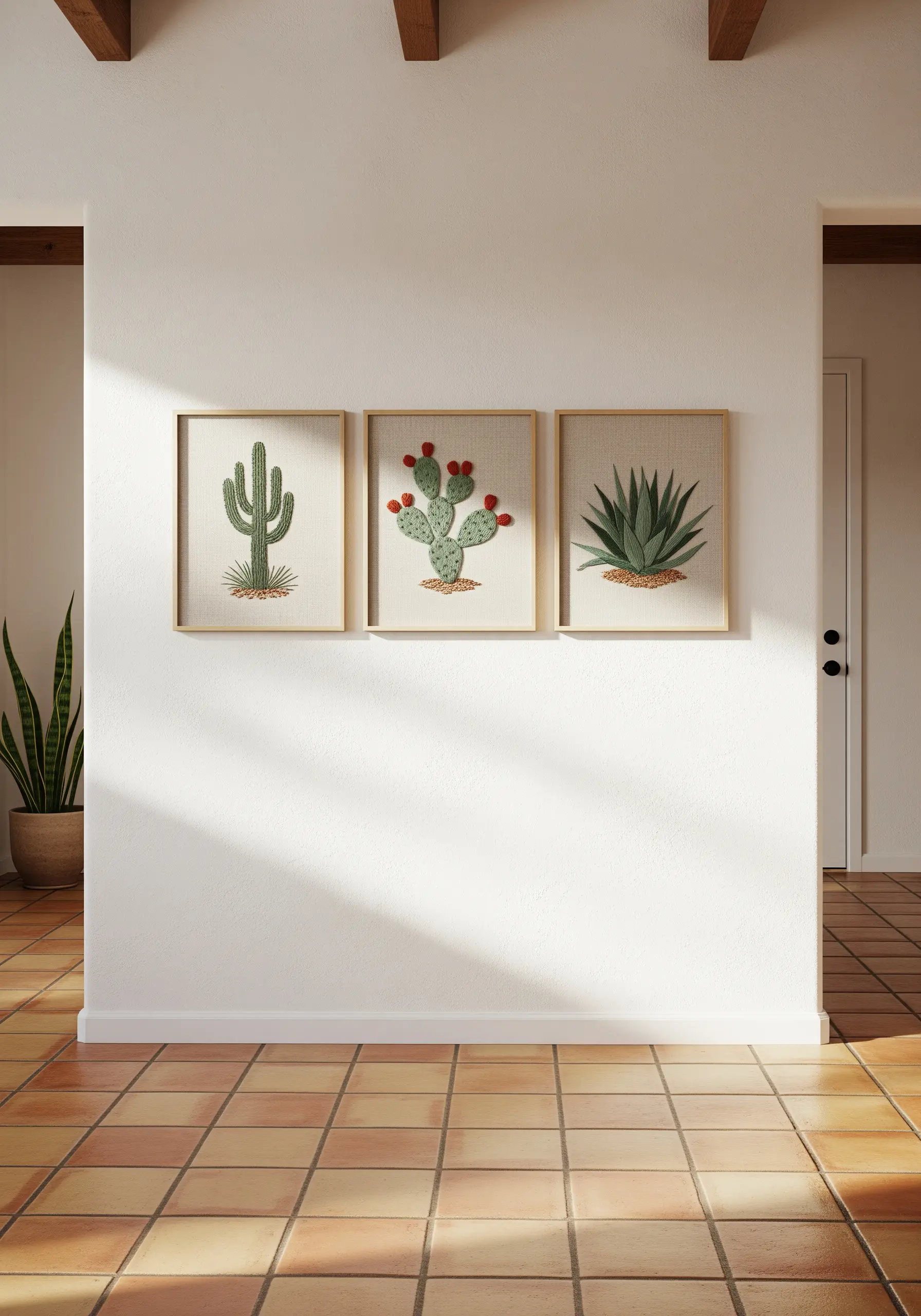 A triptych of embroidered cacti and succulents on a neutral background.