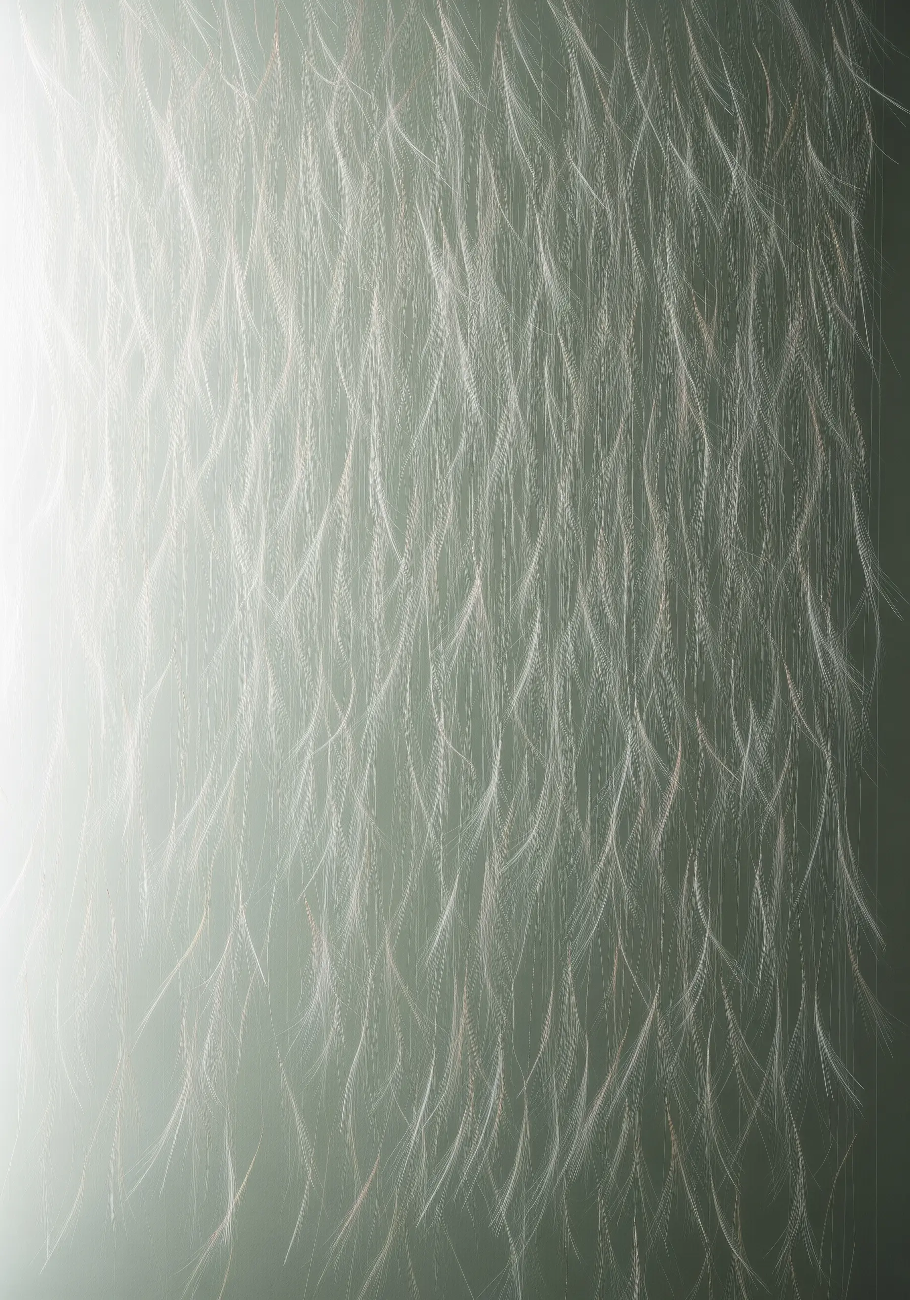 An ethereal installation of very fine, floating white threads that look like mist.