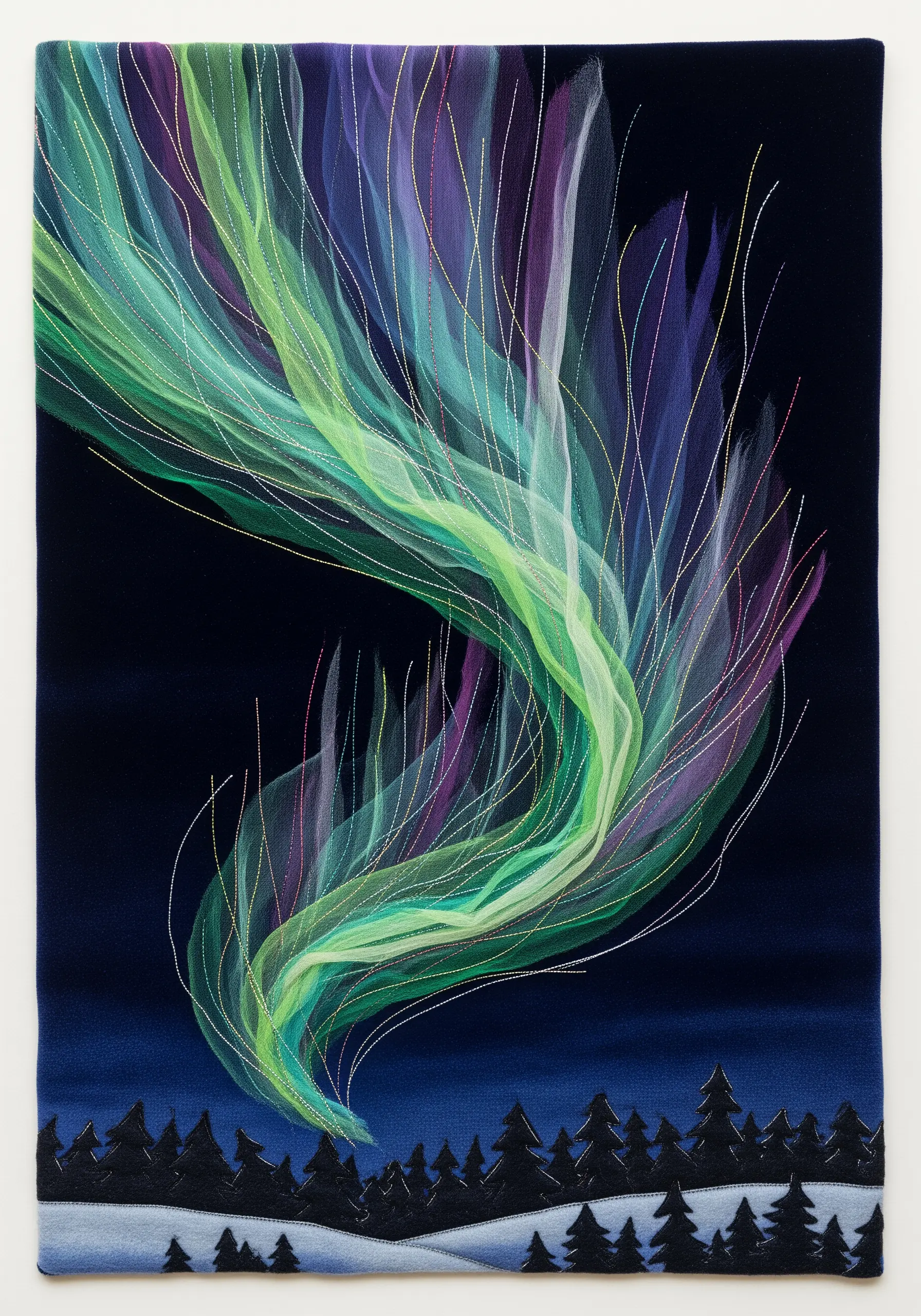 Northern lights created with layered green and purple tulle and metallic threads.