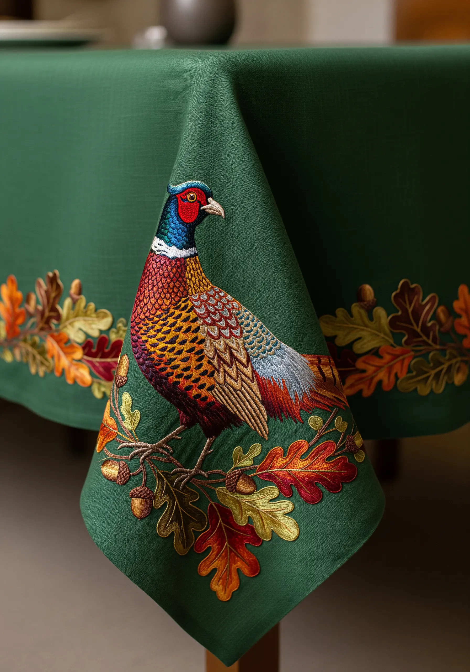 A highly detailed, thread-painted pheasant perched on an oak branch on a green tablecloth.