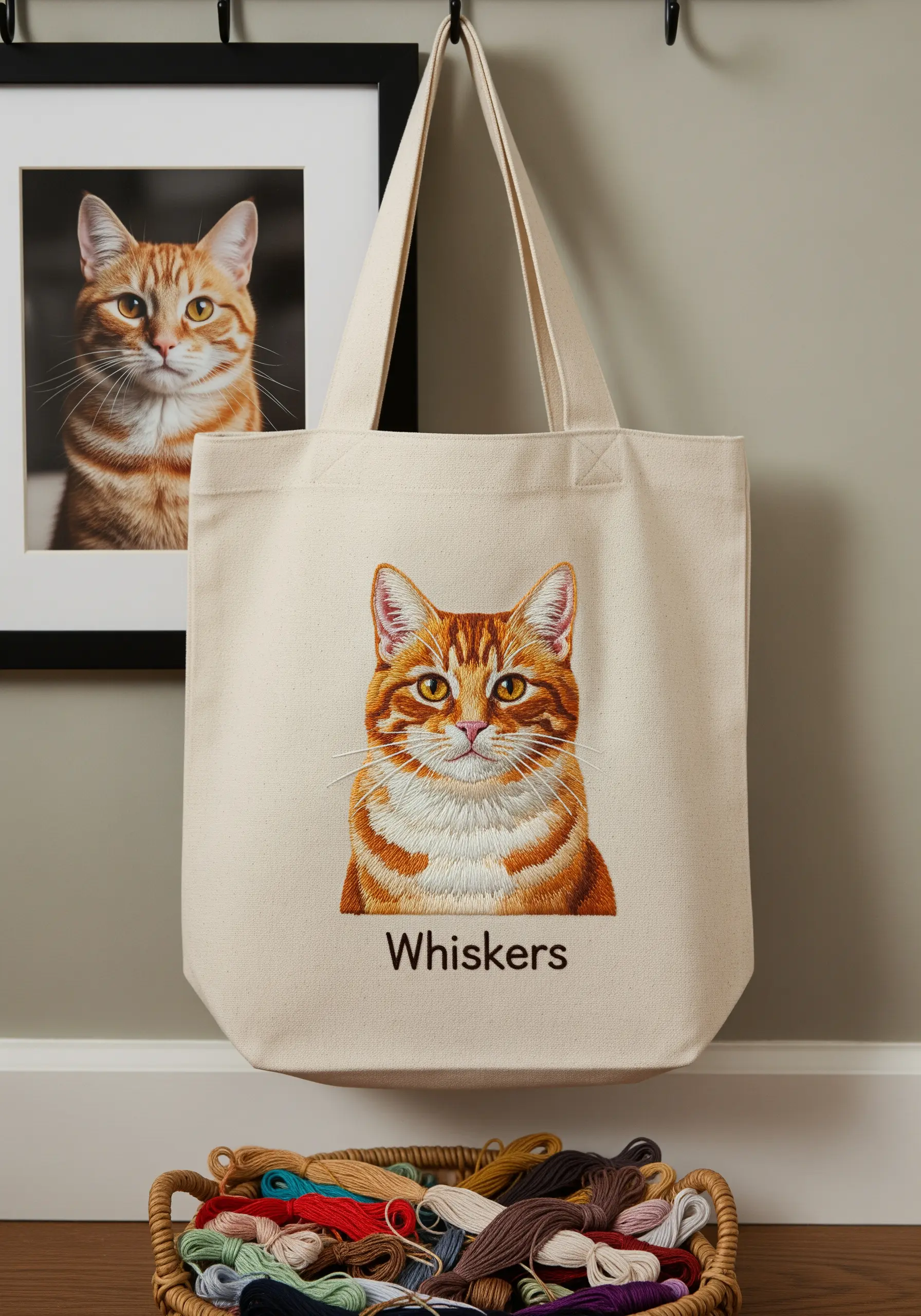 A realistic embroidered portrait of a ginger tabby cat on a canvas tote bag.
