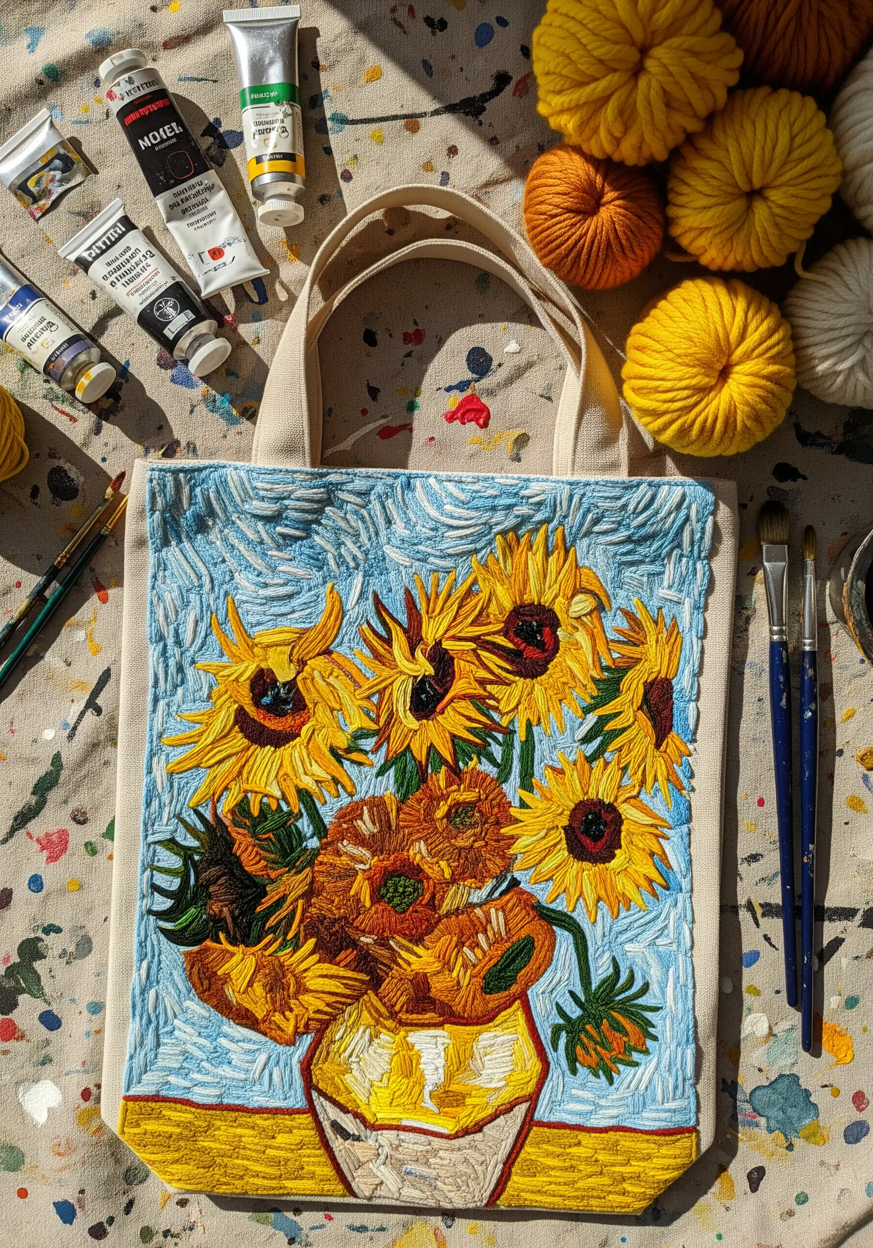 An embroidered interpretation of Van Gogh's 'Sunflowers' with heavy texture.