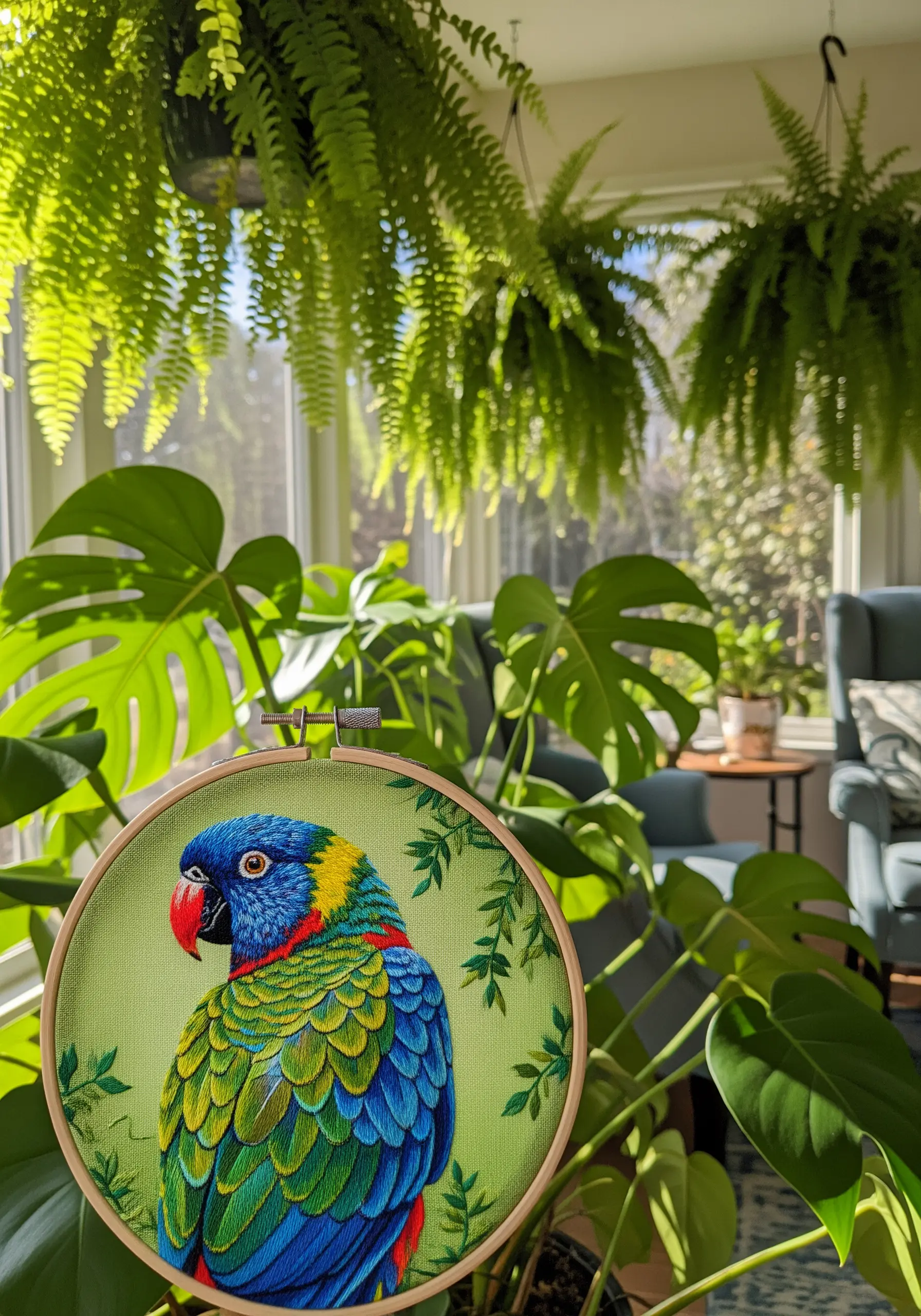 A vibrant, realistic embroidered portrait of a rainbow lorikeet parrot.