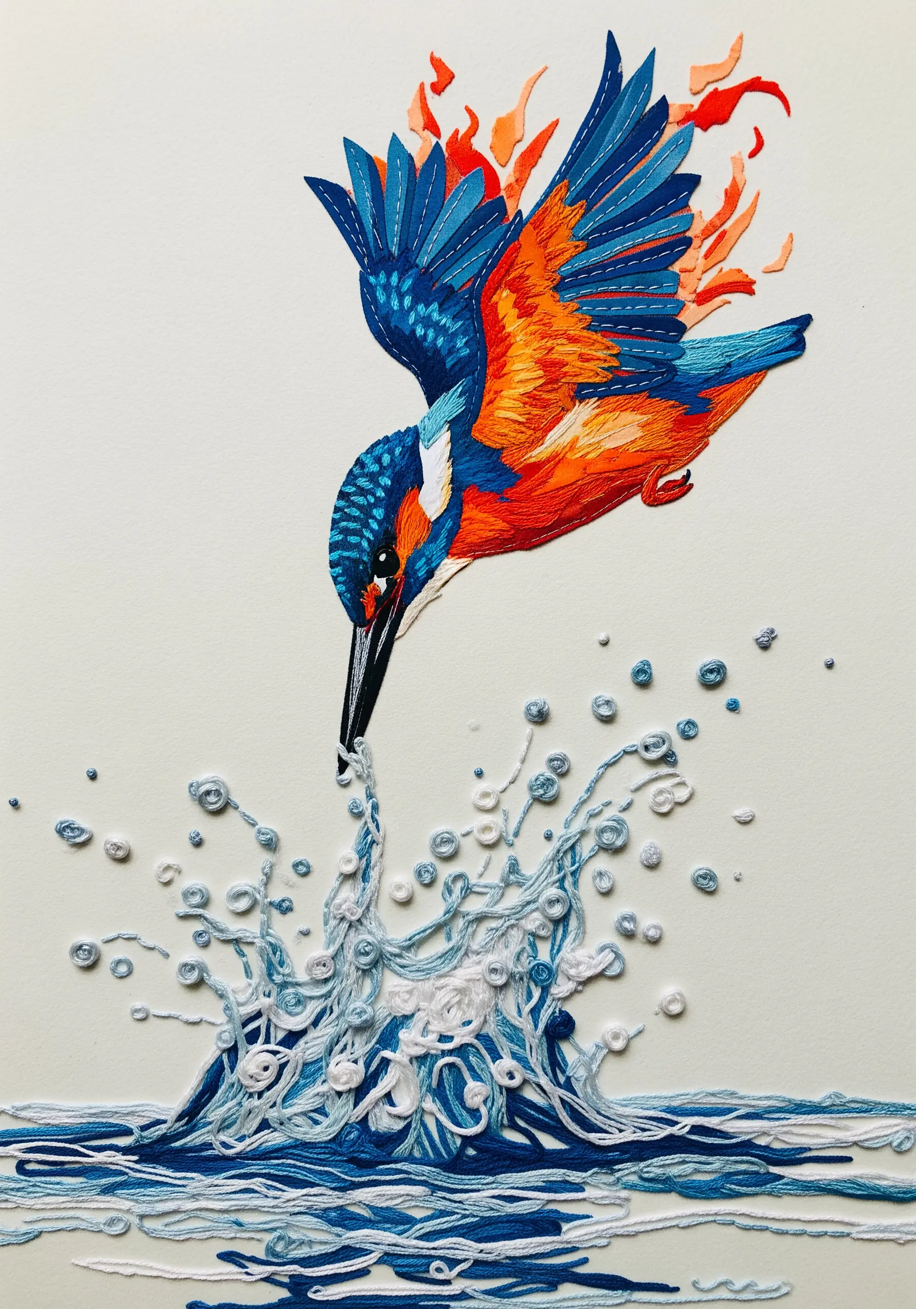 Embroidered kingfisher diving into water with directional and chaotic stitches.
