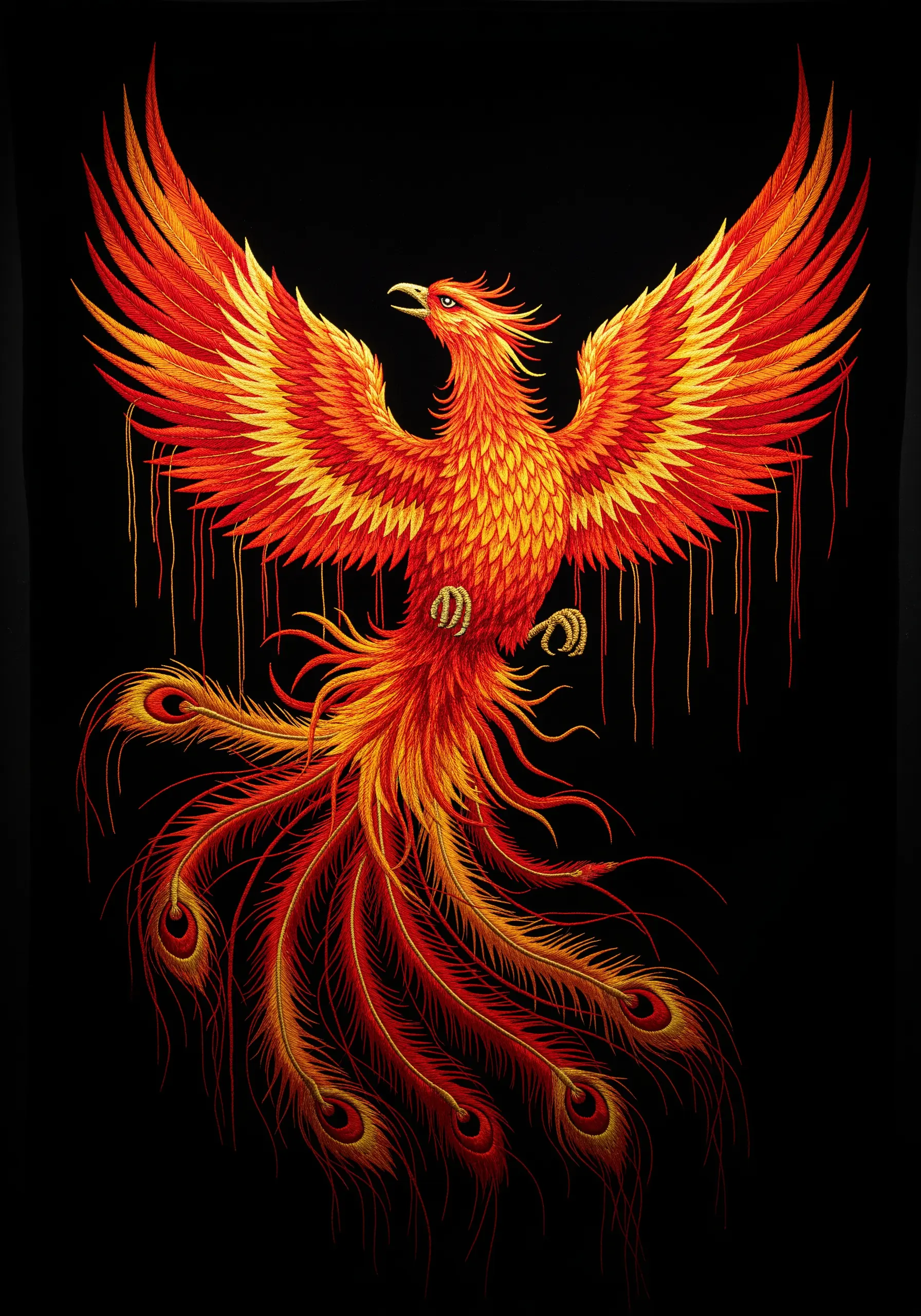 An embroidered phoenix with fiery red and orange thread-painted wings and loose thread details.