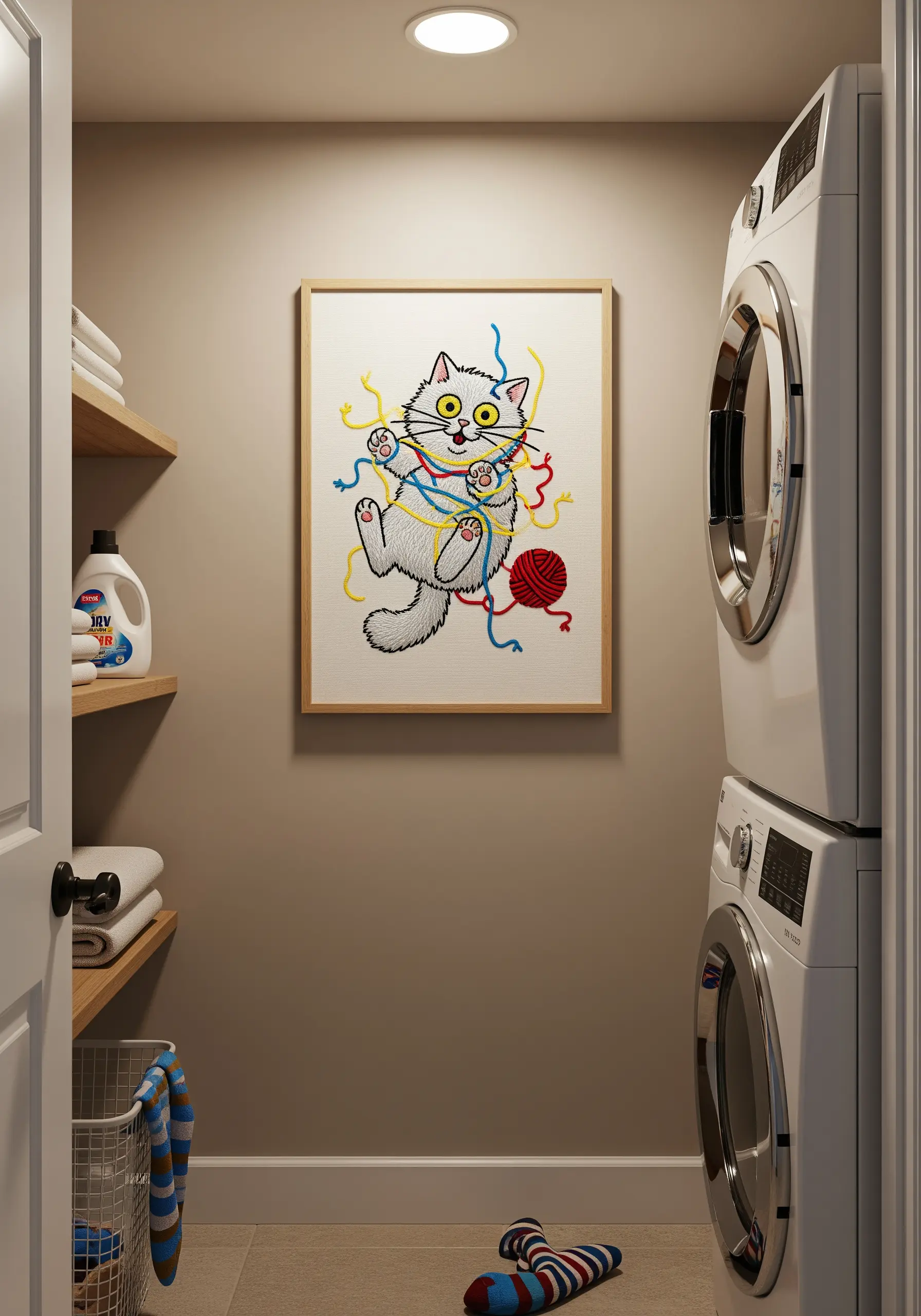 An embroidered cat tangled in a mess of colorful red, blue, and yellow yarn.