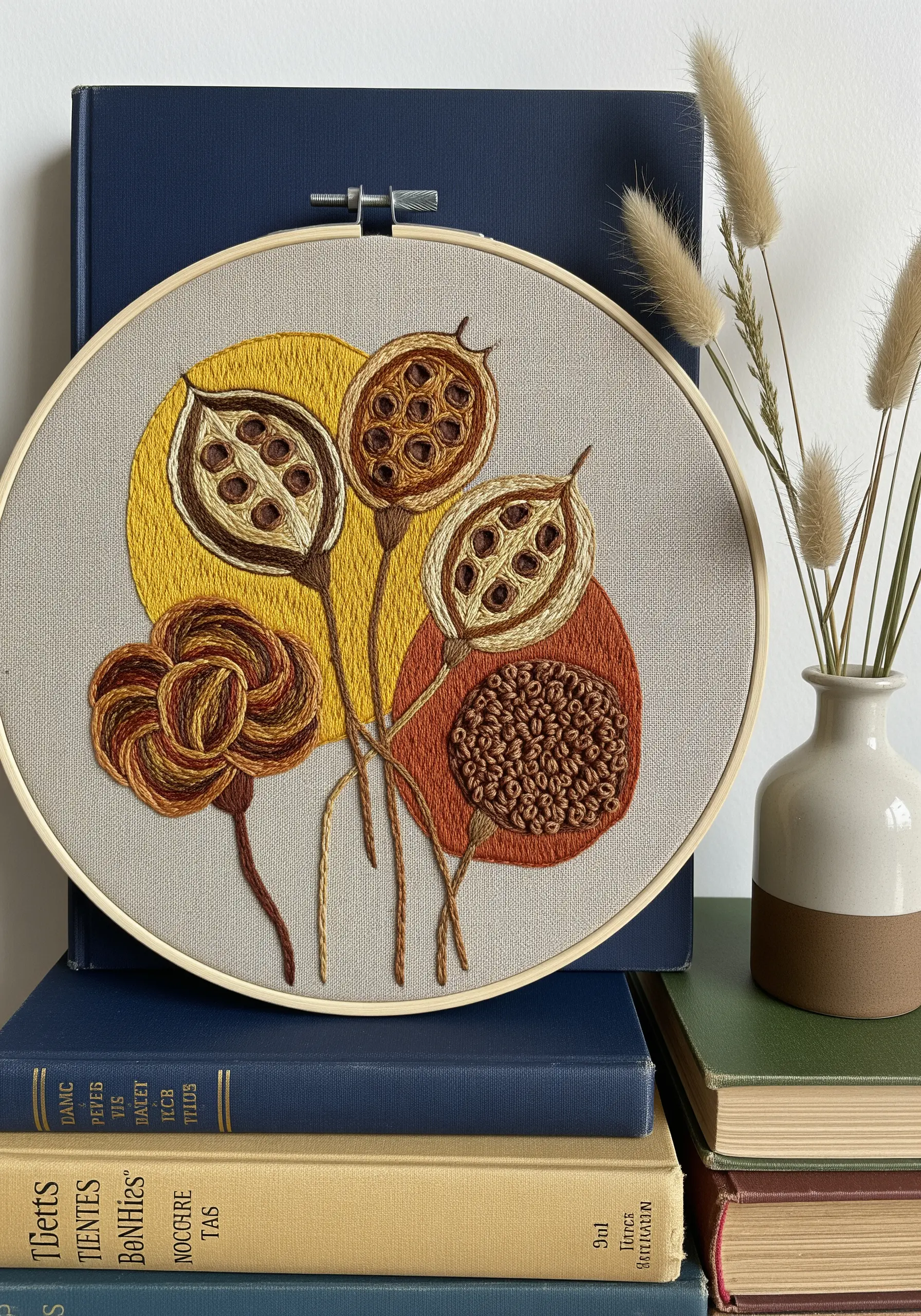 Botanical embroidery of seed pods using French knots and satin stitch in earthy tones.