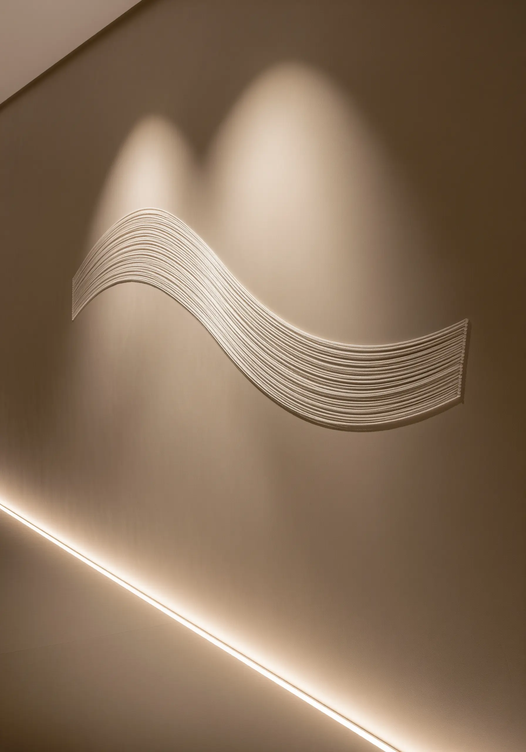 Minimalist white thread sculpture in a gentle wave shape on a beige wall.